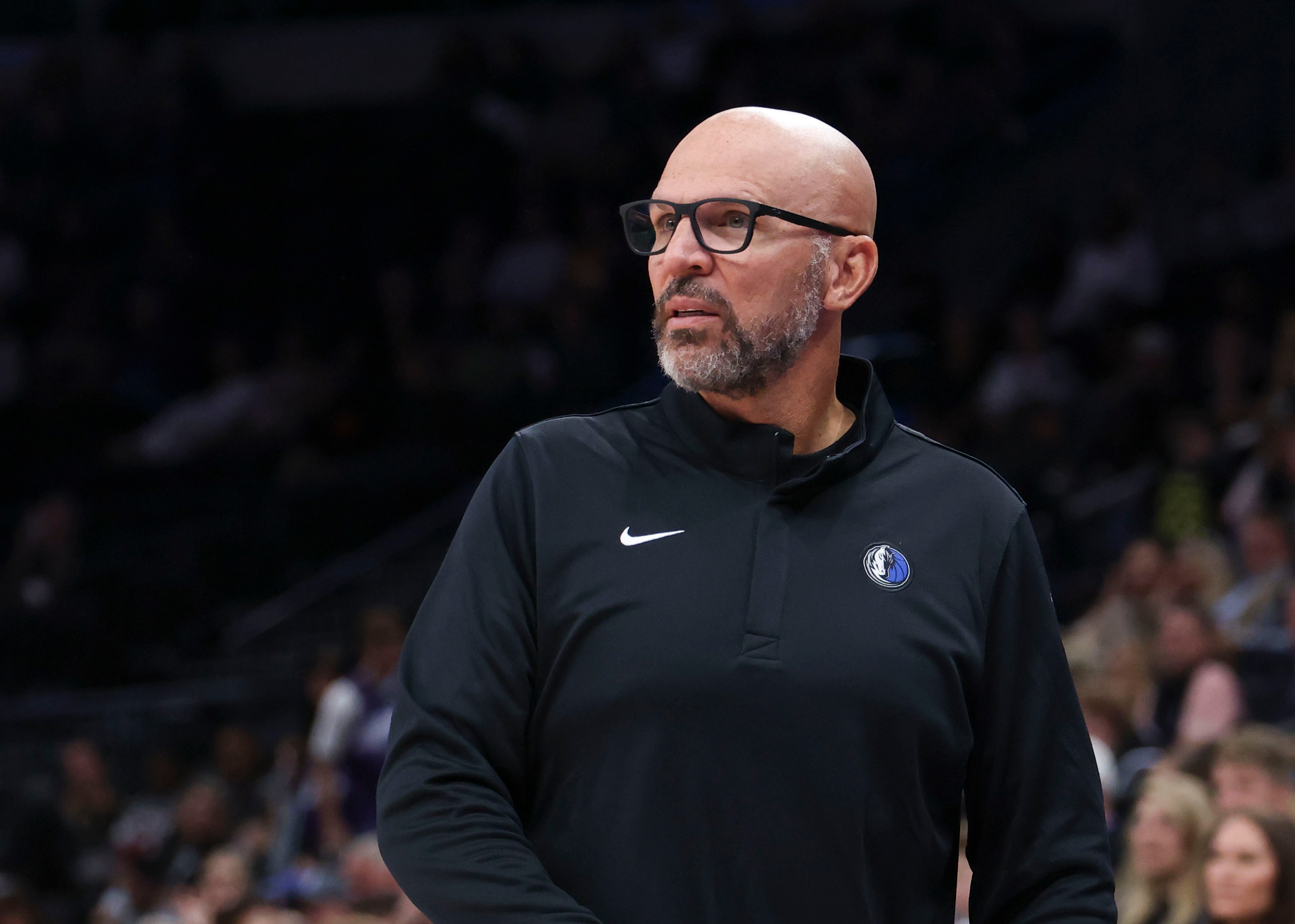 Dallas Mavericks Head Coach Jason Kidd looks on during the second half of a preseason NBA basketball game against the Utah Jazz, Monday, Oct. 13, 2025, in Salt Lake City.