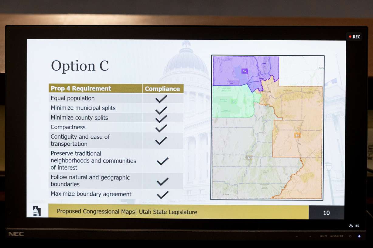 One of several map options is displayed during a meeting of the Legislative Redistricting Committee at the Capitol in Salt Lake City on Sept. 24. The Utah Republican Party is leading an effort to eliminate Proposition 4 and toss the map approved by the committee last week.