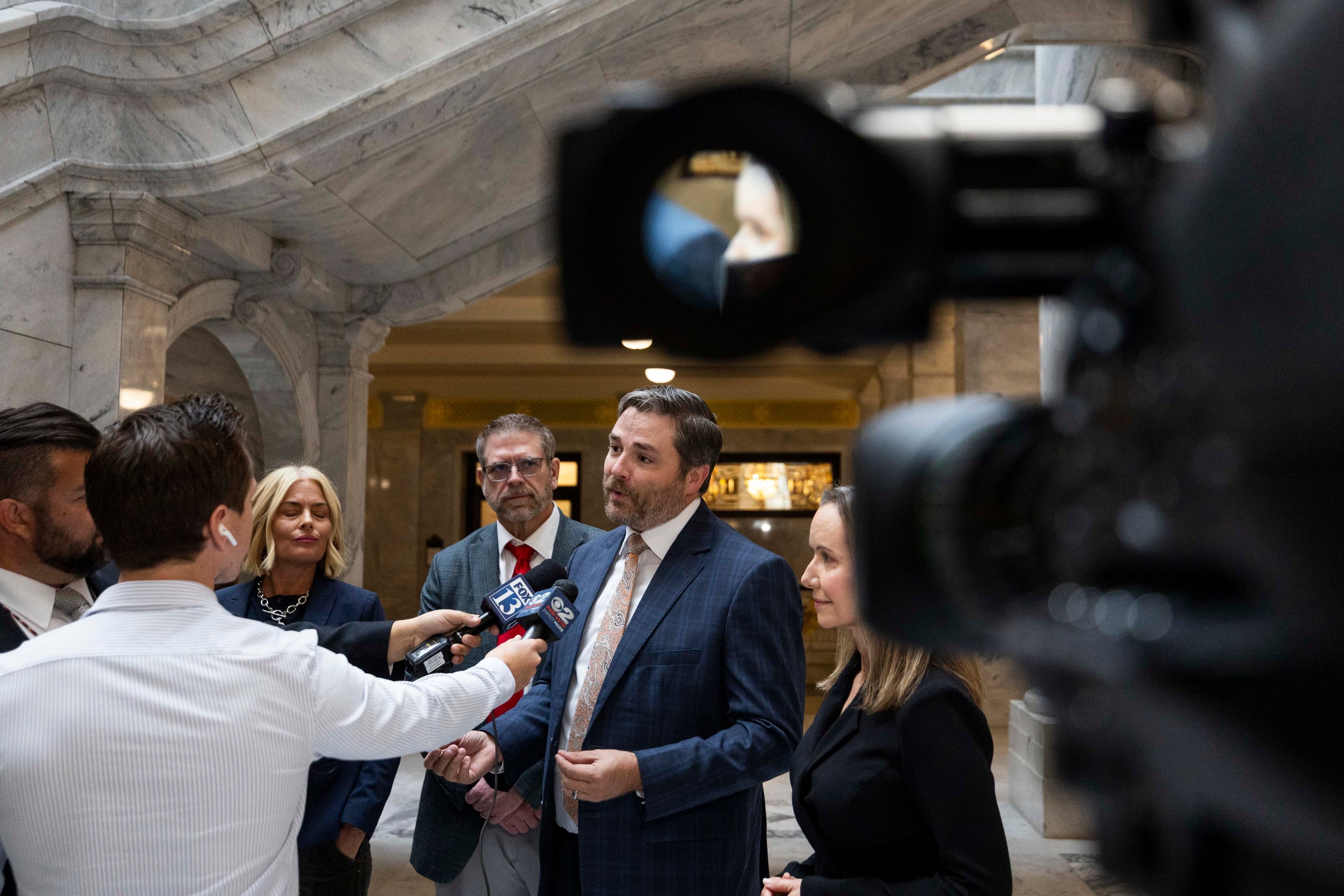 Republican Party Chairman Rob Axson speaks with media at the Capitol in Salt Lake City on Tuesday. Axson said his initiative looks to shine a light on how the Legislature has been "unnecessarily undermined" by the courts.