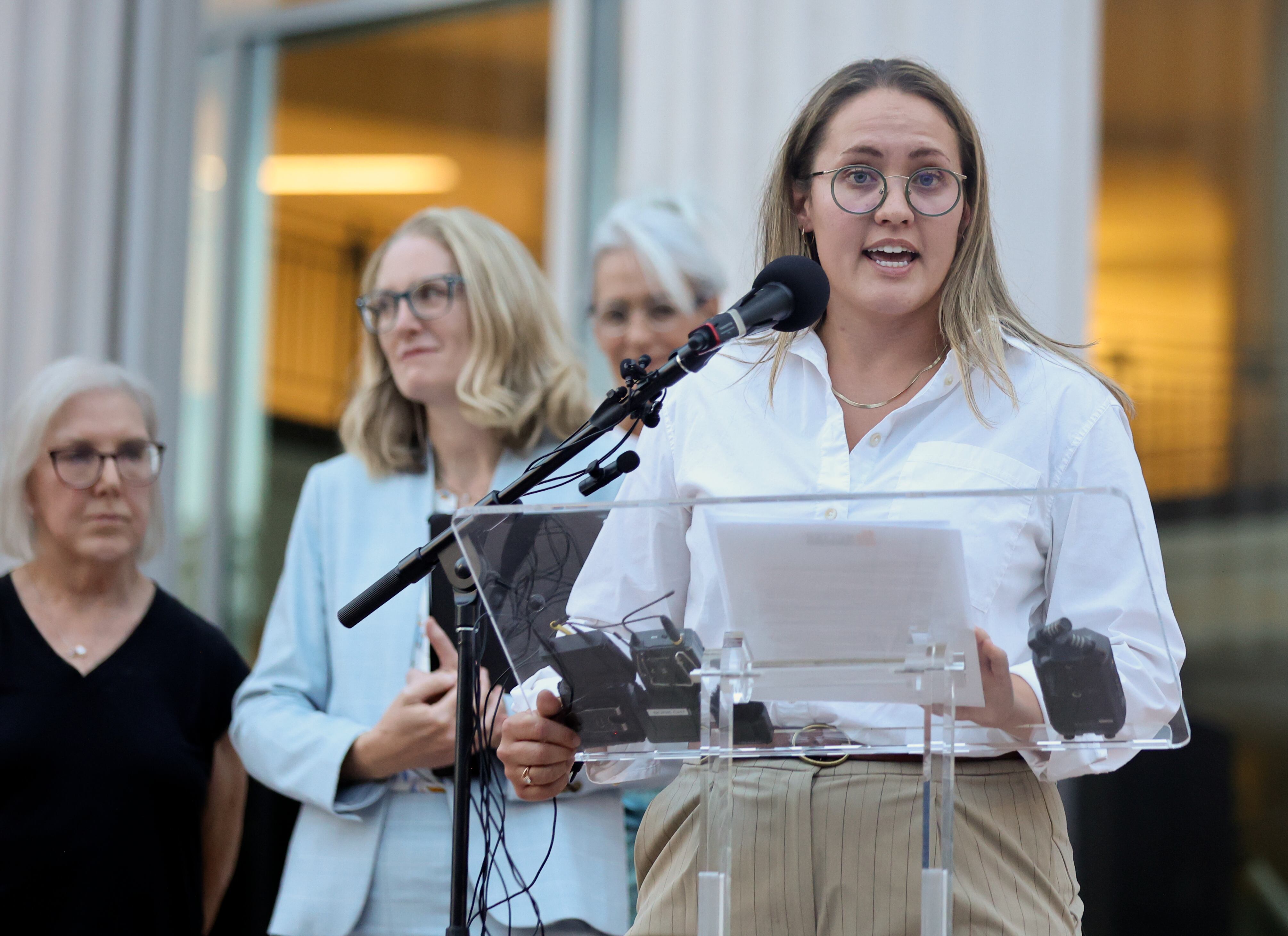 Elizabeth Rasmussen, Better Boundaries executive director, speaks during a press conference outside of the Matheson Courthouse in Salt Lake City on Aug. 25. Rasmussen called the GOP effort to toss Proposition 4 and the new congressional map an attempt to "overturn the will of the people."