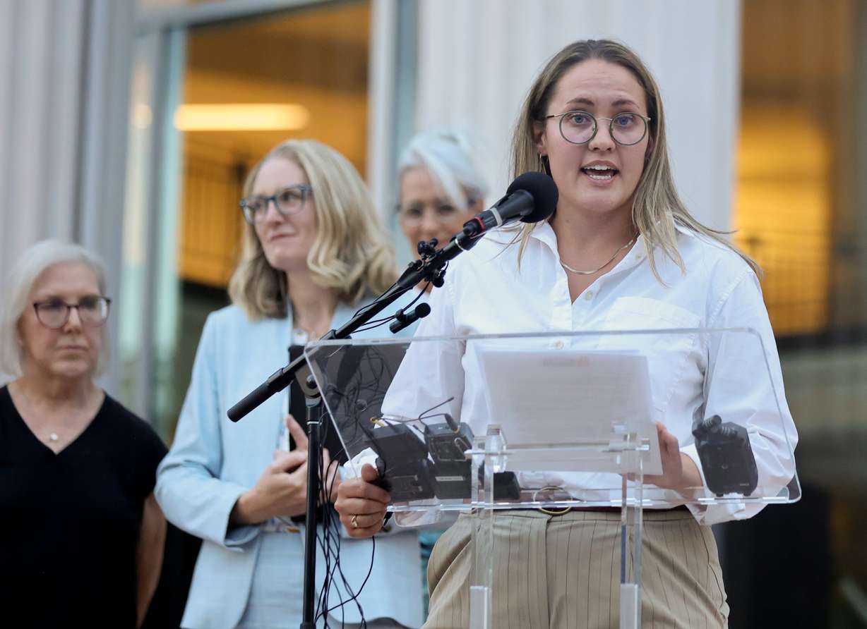 Elizabeth Rasmussen, Better Boundaries executive director, speaks during a press conference outside of the Matheson Courthouse in Salt Lake City on Aug. 25. Rasmussen called the GOP effort to toss Proposition 4 and the new congressional map an attempt to "overturn the will of the people."