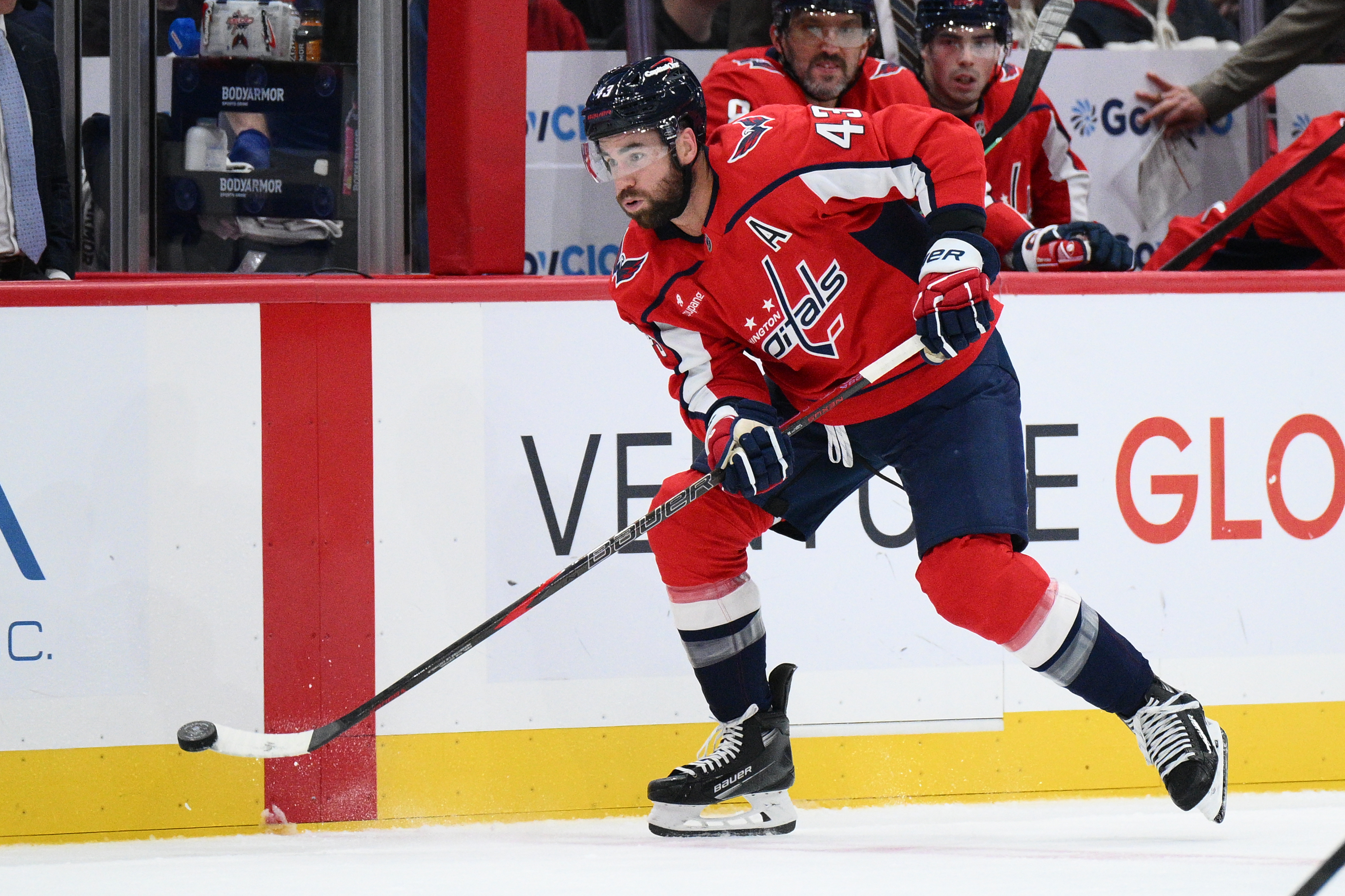 Washington Capitals right wing Tom Wilson (43) skates with the puck during the first period of an NHL hockey game against the Tampa Bay Lightning, Tuesday, Oct. 14, 2025, in Washington. 