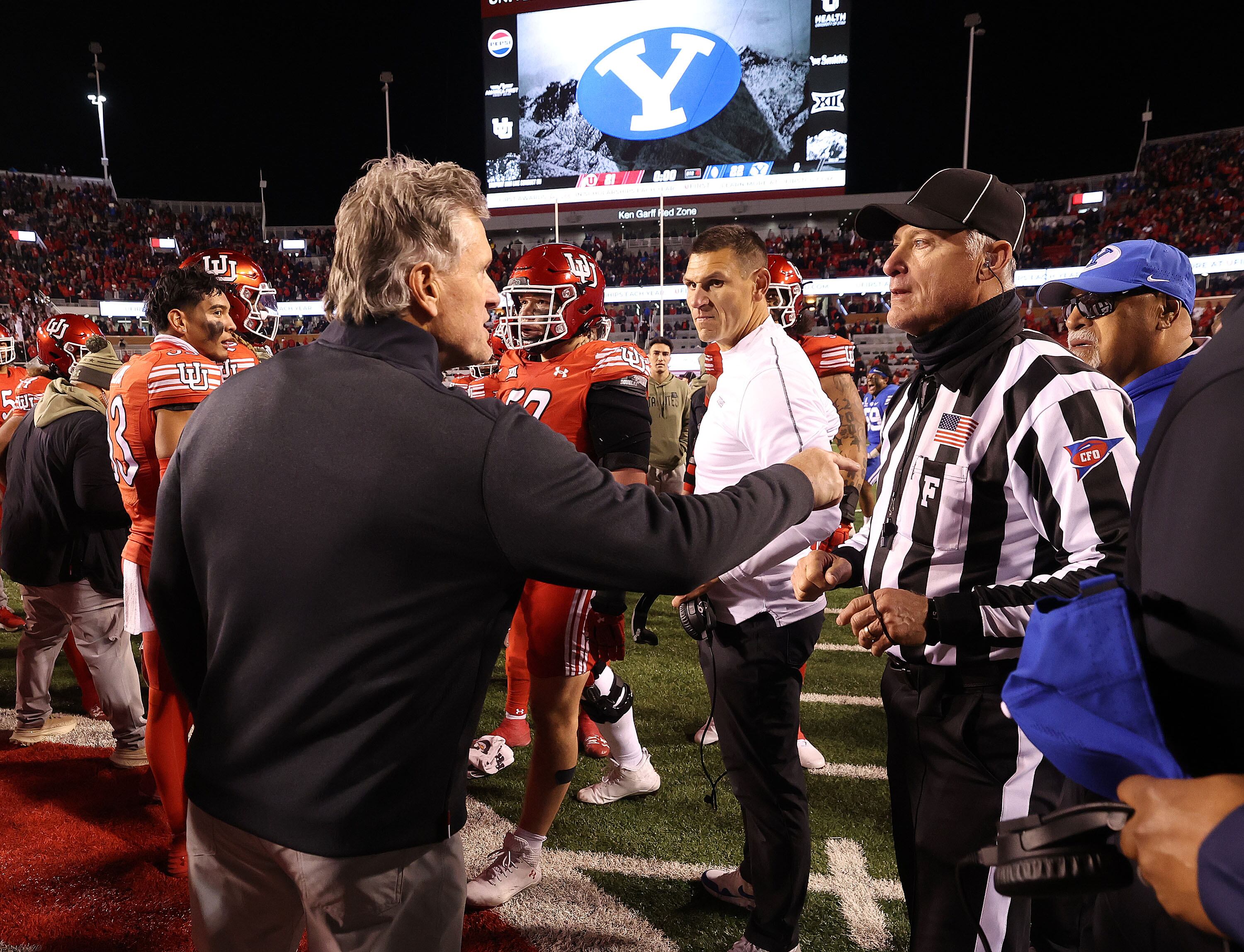 Utah Utes head coach Kyle Whittingham yells at the ref after the game at Rice-Eccles Stadium in Salt Lake City early Nov. 10, 2024. BYU won 22-21.