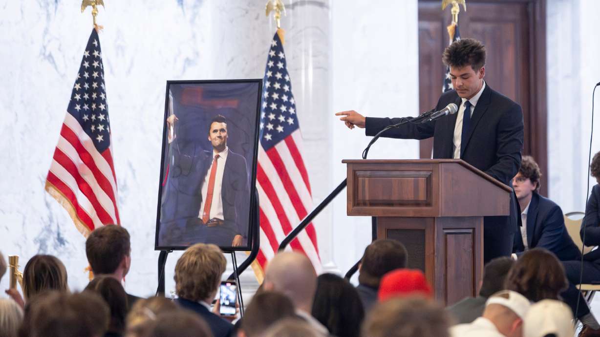 Nathan Neuhaus, BYU Turning Point USA chapter outreach coordinator, speaks in the Capitol rotunda in Salt Lake City on Tuesday. The chapter hosted a celebration of Charlie Kirk's legacy on what would have been his 32nd birthday.