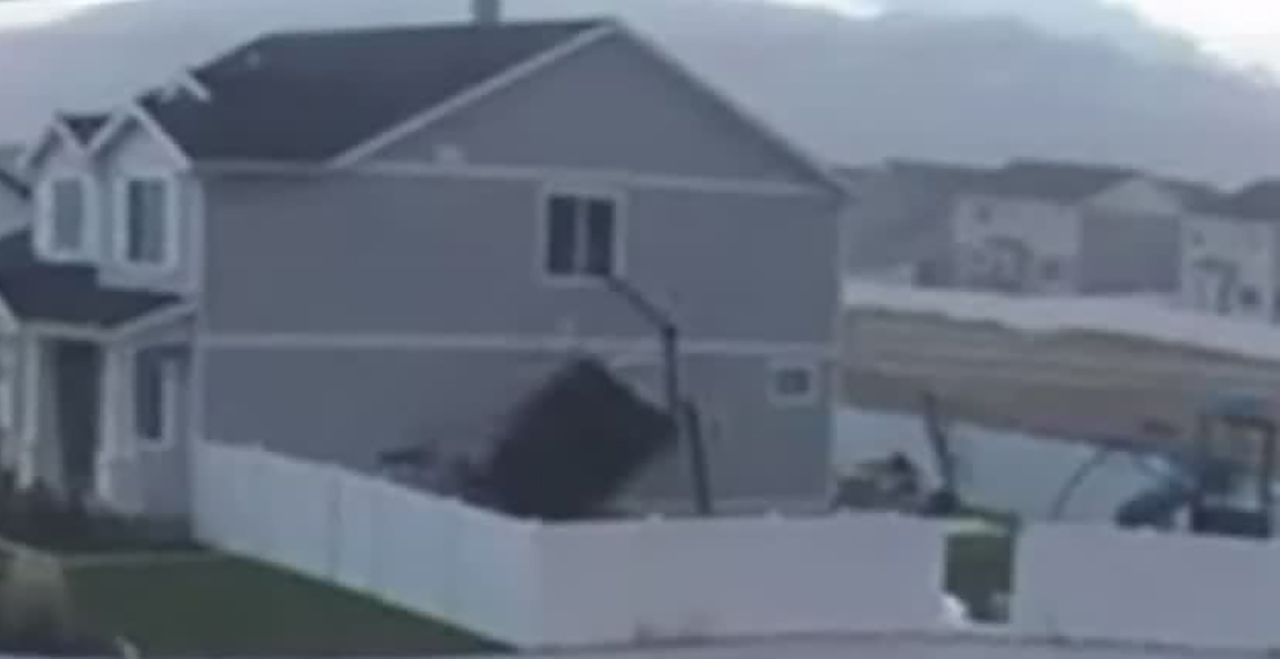 Security camera video shows a pergola hitting a Lehi home in a windstorm on Sunday, Oct. 12, 2025.