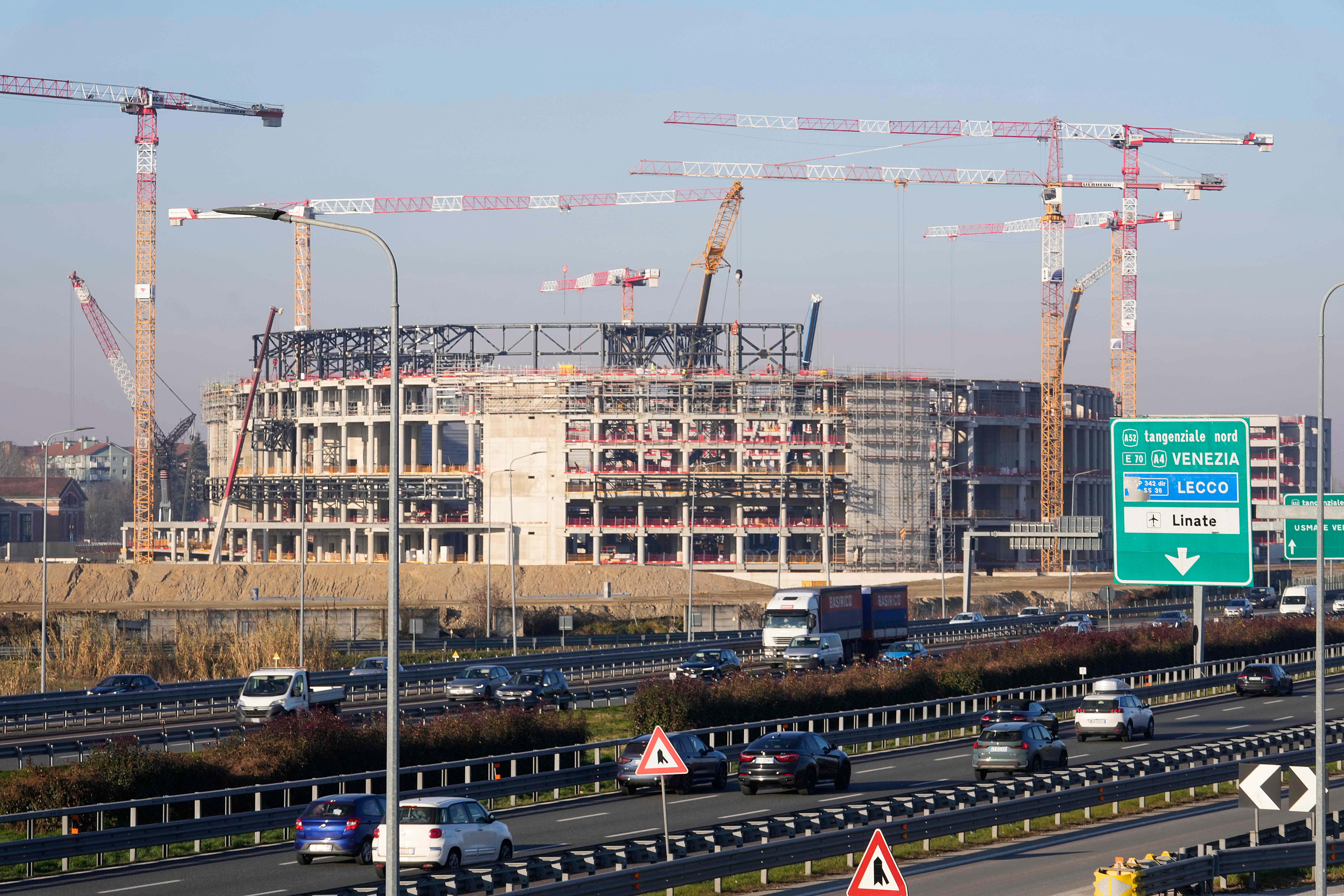 FILE - Construction continues at the Milano Santagiulia Ice Hockey Arena for the Milan Cortina 2026 Winter Olympics in Assago, near Milan, Italy, Wednesday, Jan. 15, 2025.
