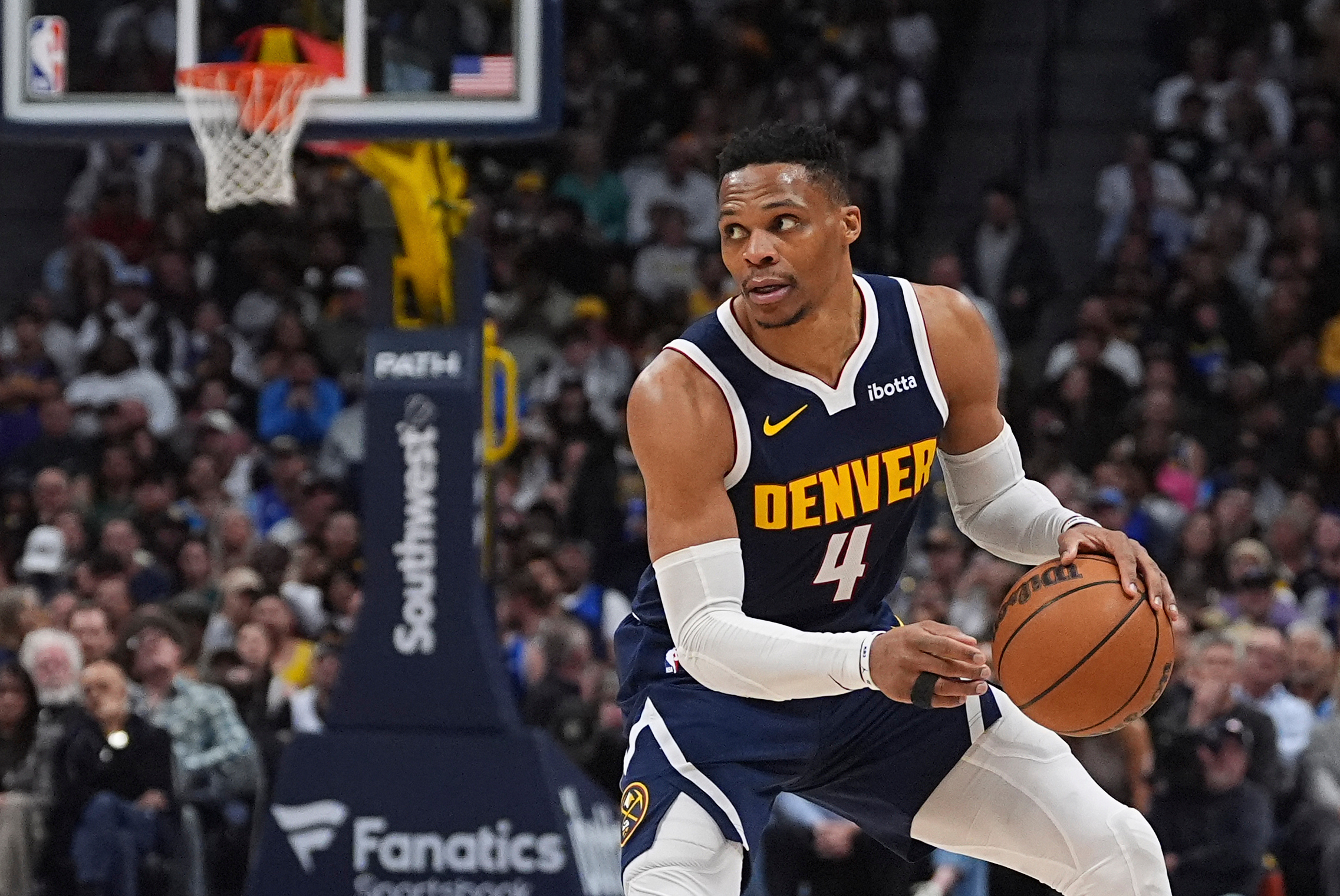 FILE - Denver Nuggets guard Russell Westbrook (4) looks to pass during the second half of an NBA basketball game Friday, March 14, 2025, in Denver.