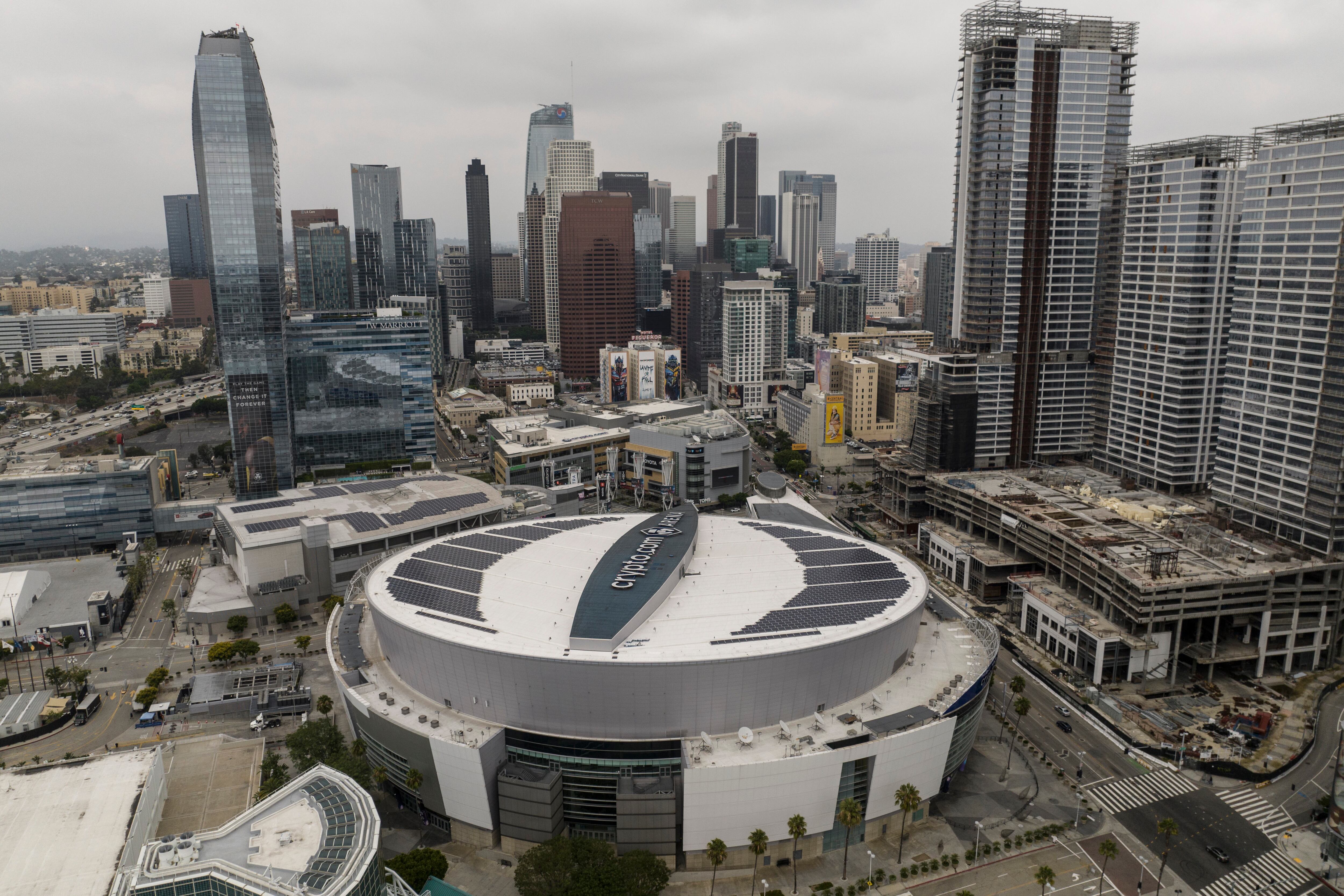 Crypto.com Arena in downtown Los Angeles, Sept. 5, 2023. President Trump raised the possibility of moving the 2028 Summer Olympics from the city if it was not "properly prepared."