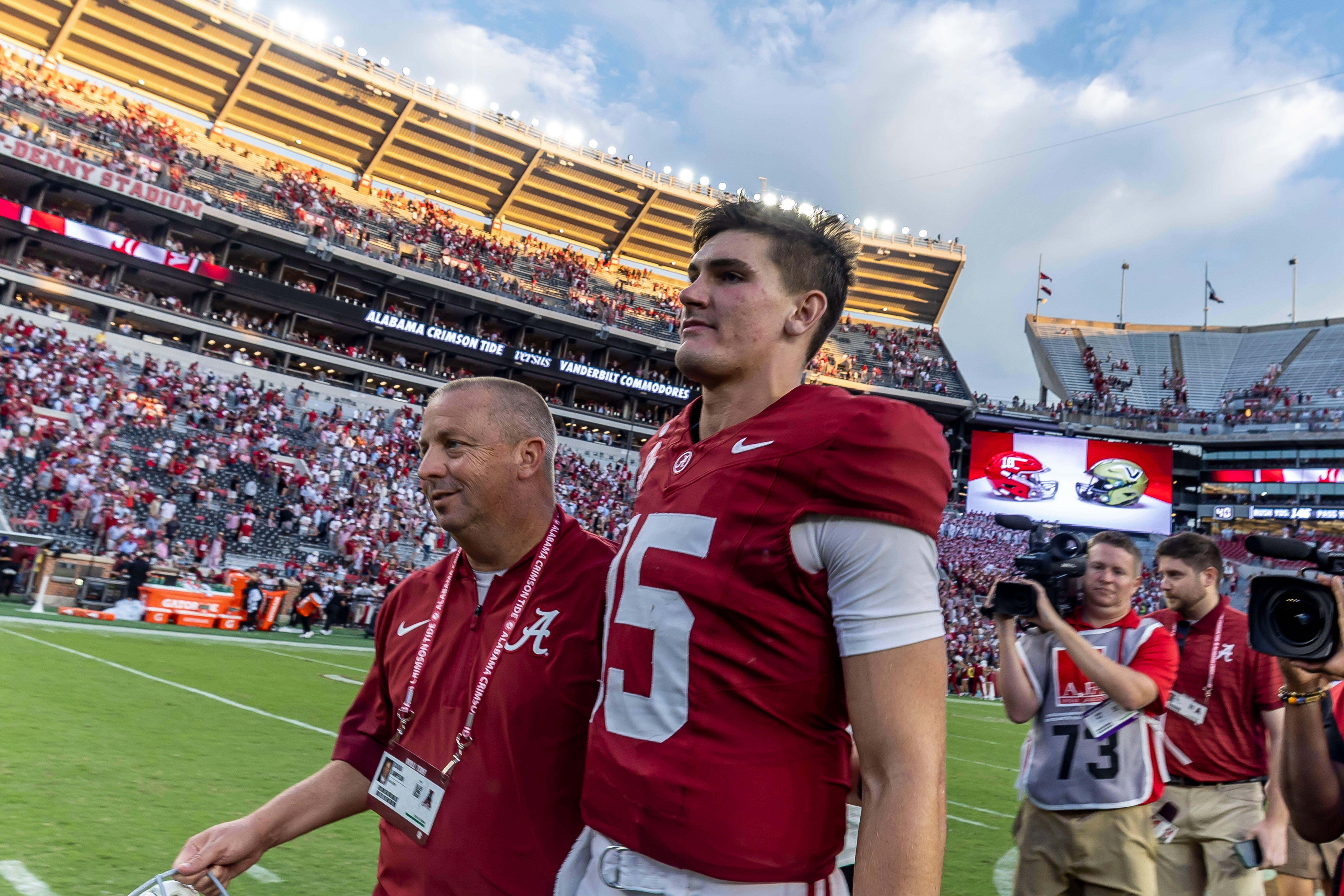 Alabama quarterback Ty Simpson (15) walks of the field after a win over Vanderbilt in an NCAA college football game, Saturday, Oct. 4, 2025, in Tuscaloosa, Ala. 