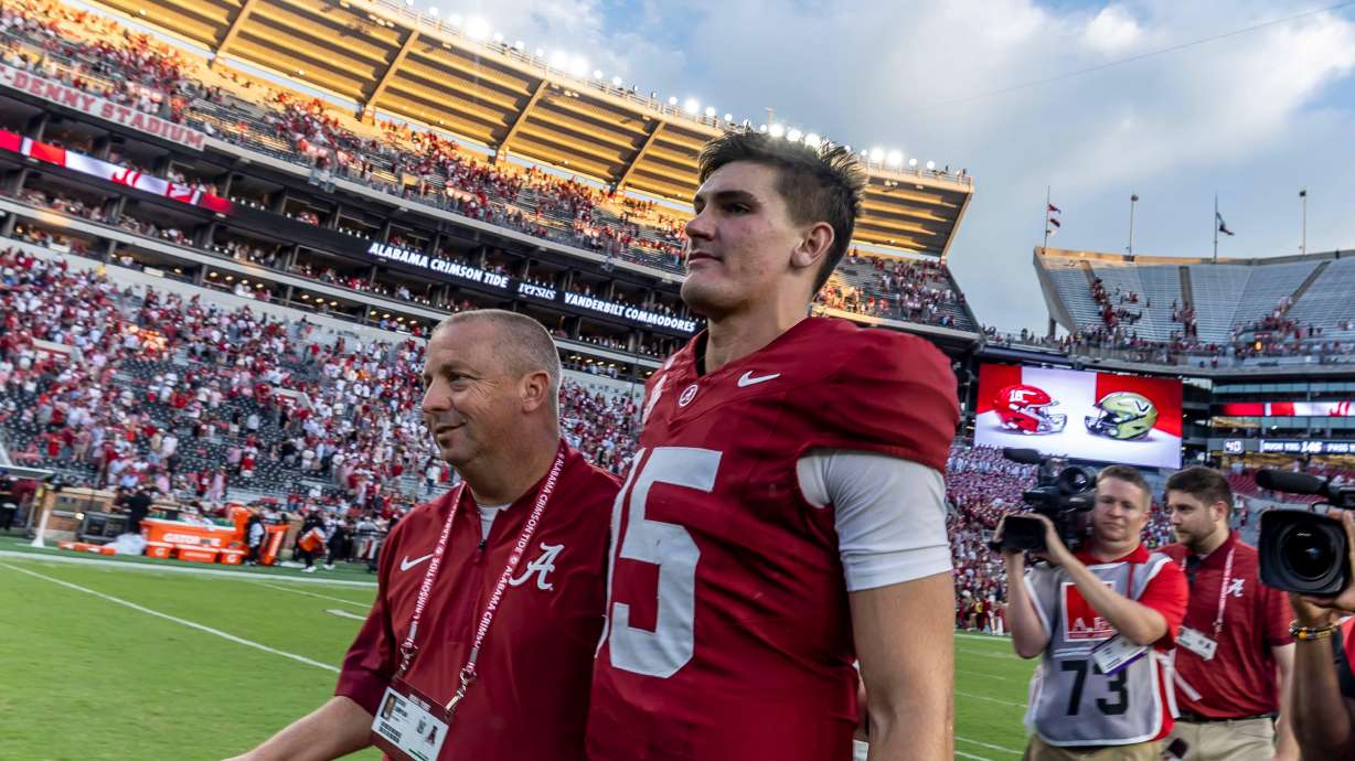 Alabama quarterback Ty Simpson (15) walks of the field after a win over Vanderbilt in an NCAA college football game, Saturday, Oct. 4, 2025, in Tuscaloosa, Ala.