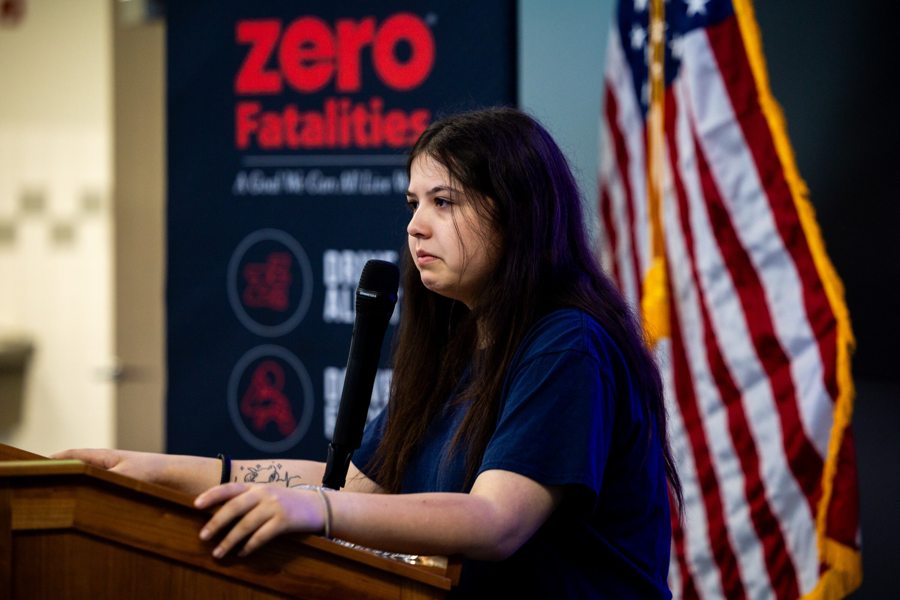 Rylee Sarle, 16, sister of Alexus Sarle, speaks during the 17th annual Teen Memoriam press conference in Taylorsville on Wednesday. Officials say parental responsibility to teach driving safety is greater than ever.