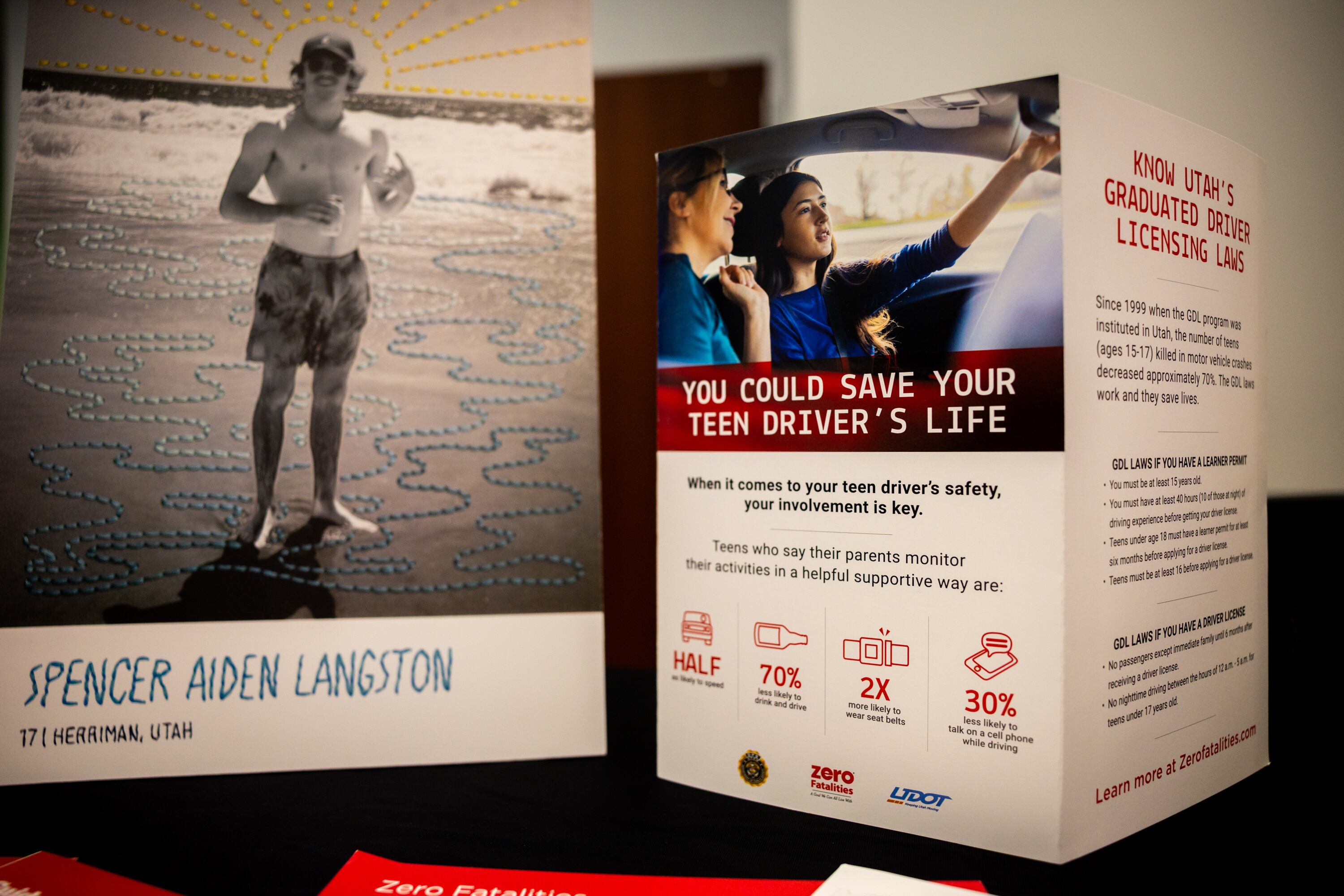 Spencer Aiden Langston, who died in a motor vehicle crash at age 17 in 2024, is displayed during the 17th annual Teen Memoriam press conference in Taylorsville on Wednesday. Langston's name is included in a "book of remembrance" of those teens killed in traffic accidents.