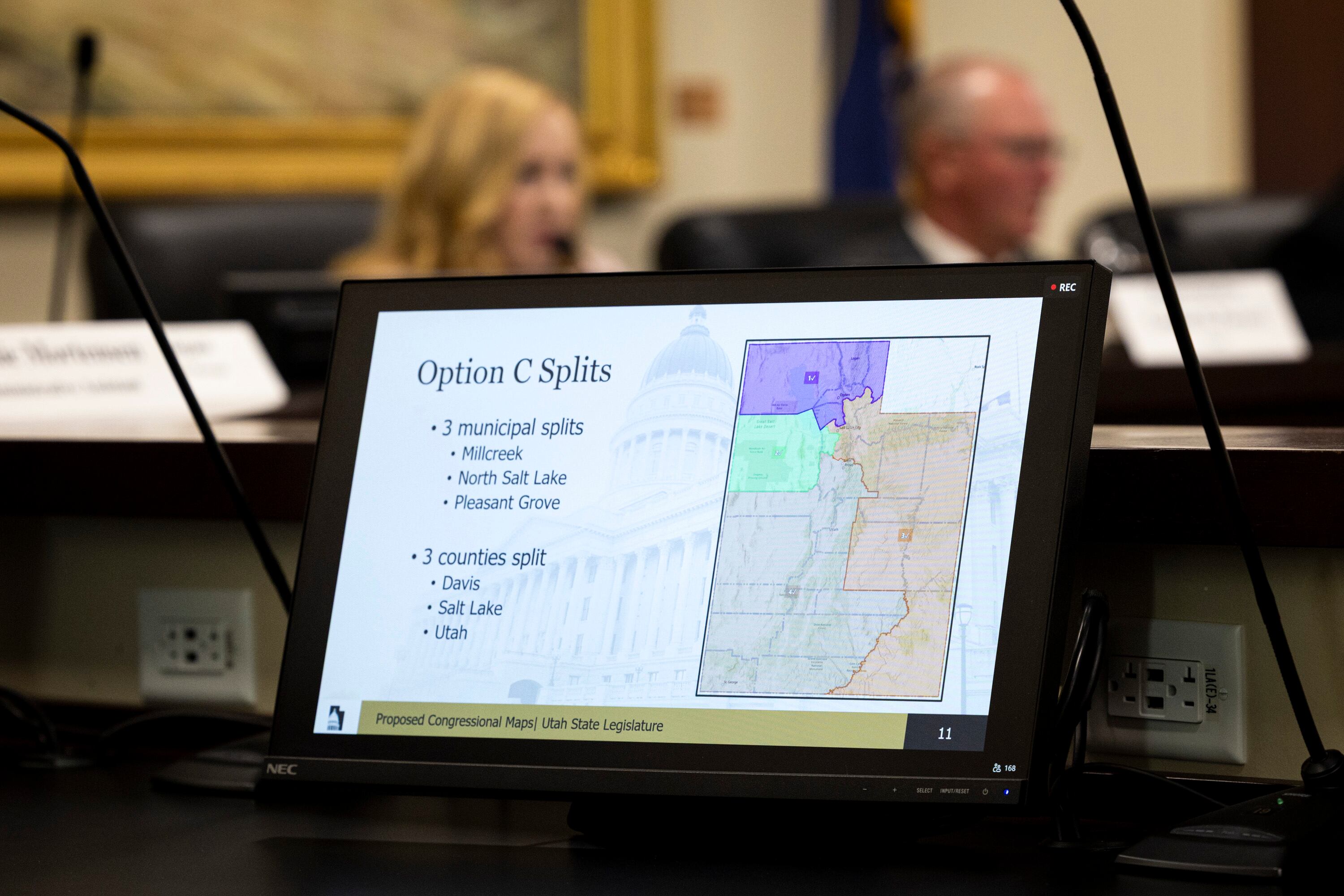 Map C is displayed during a meeting of the Legislative Redistricting Committee at the Capitol in Salt Lake City on Sept. 24. Democratic challengers are pushing back against GOP efforts to repeal the recently approved new congressional map.