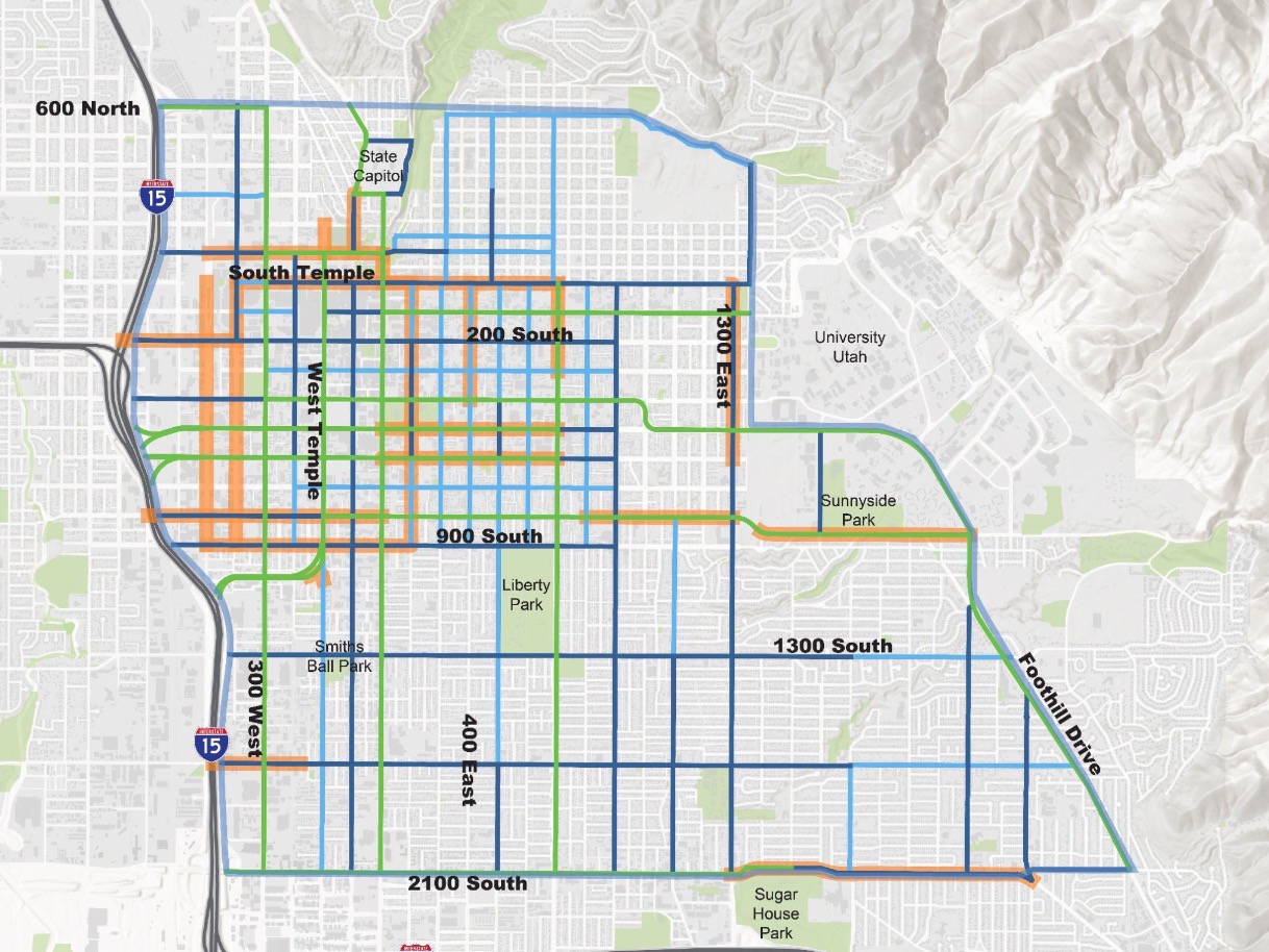This map shows the Utah Department of Transportation's critical vehicle capacity considerations for the Salt Lake City study area. Green lines represent routes that should be preserved, while dark blue lines are routes that should be studied before capacities area changed, UDOT officials said on Wednesday.