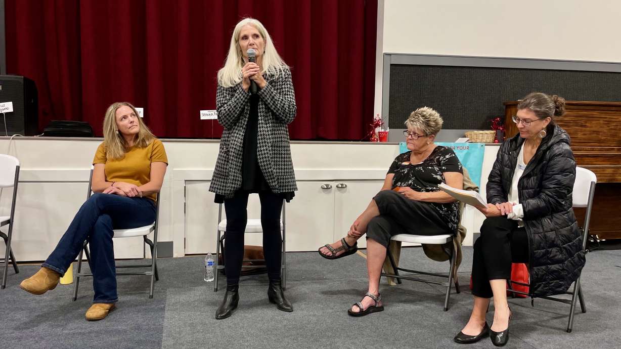 Ogden Valley mayoral hopeful Shanna Francis speaks at a candidate forum on Wednesday in Huntsville. On the left sits Janet Wampler, the other mayoral candidate.