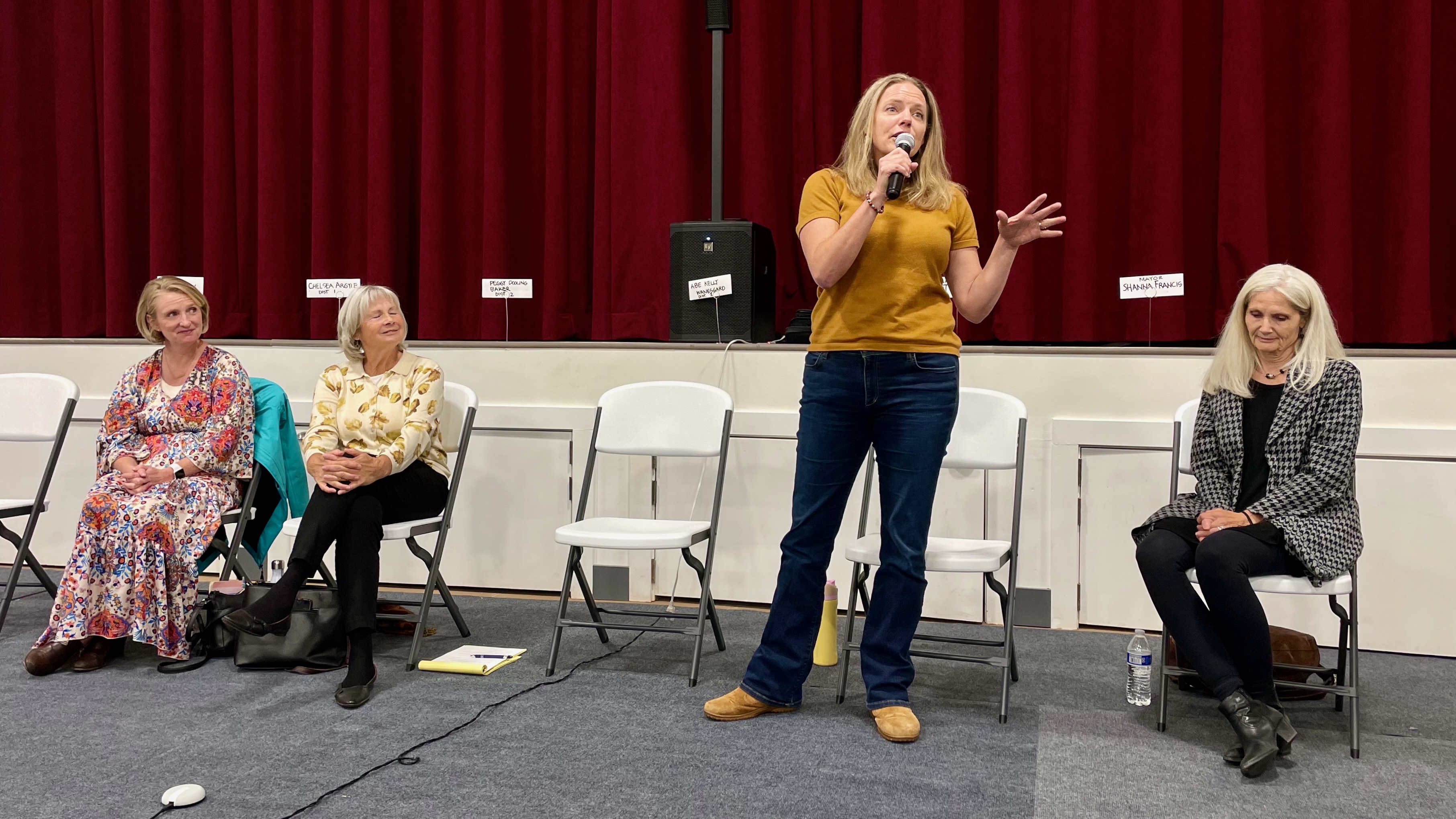 Ogden Valley mayoral hopeful Janet Wampler speaks at a candidate forum on Wednesday in Huntsville. On the right sits Shanna Francis, the other mayoral candidate.