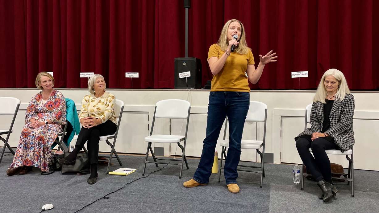 Ogden Valley mayoral hopeful Janet Wampler speaks at a candidate forum on Wednesday in Huntsville. On the right sits Shanna Francis, the other mayoral candidate.