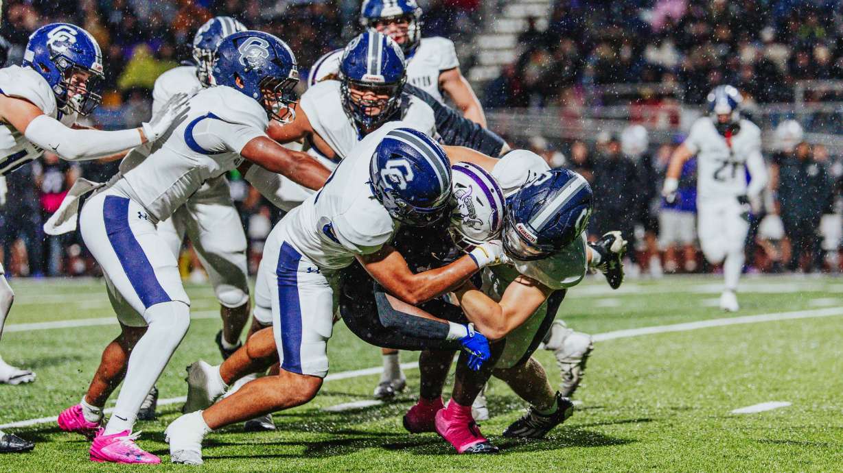Lehi and Corner Canyon compete in a Utah high school football game, Wednesday, Oct. 15, 2025 in Lehi.