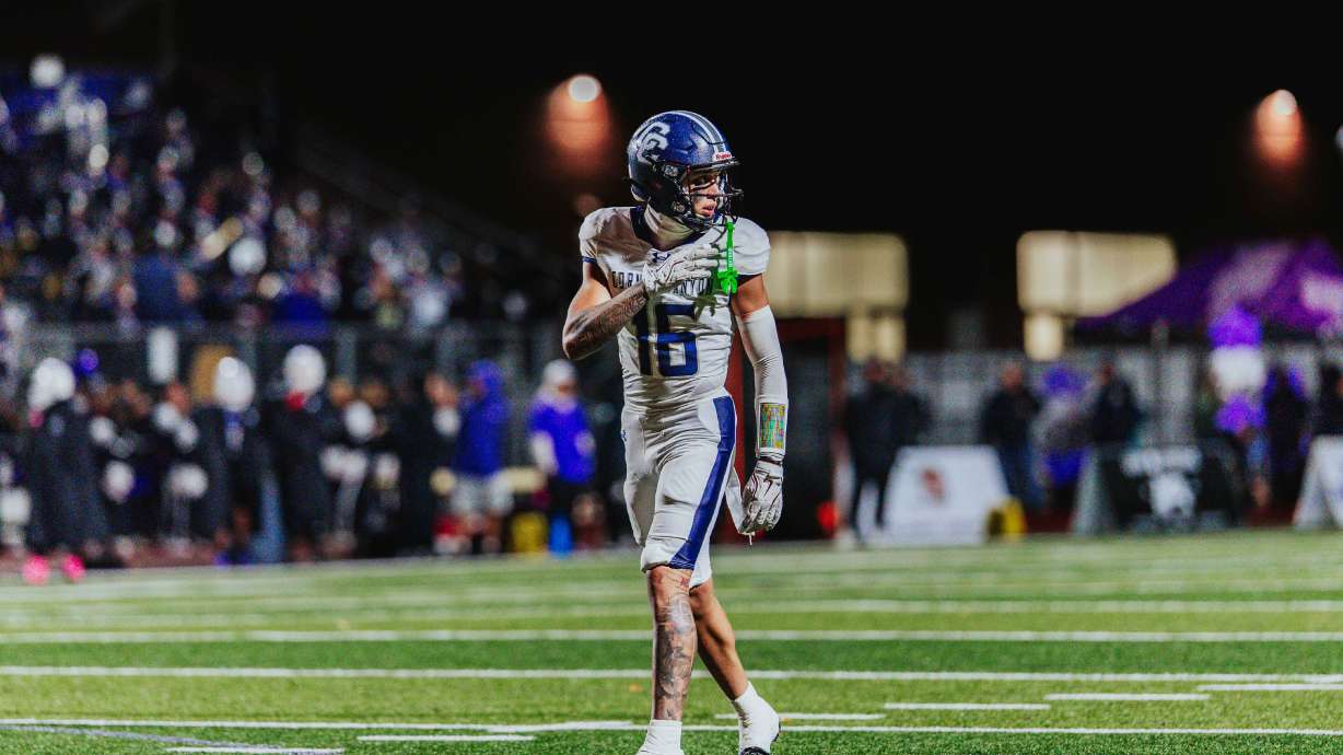 Corner Canyon's Kai Meza lines up during a Utah high school football game against Lehi, Wednesday, Oct. 15, 2025.