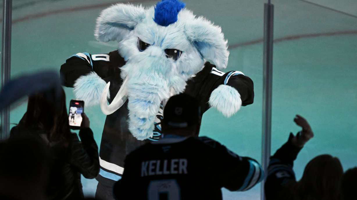 The Utah Mammoth’s new mascot Tusky is presented to the fans prior to the game against the Calgary Flames at the Delta Center in Salt Lake City on Wednesday, Oct. 15, 2025.