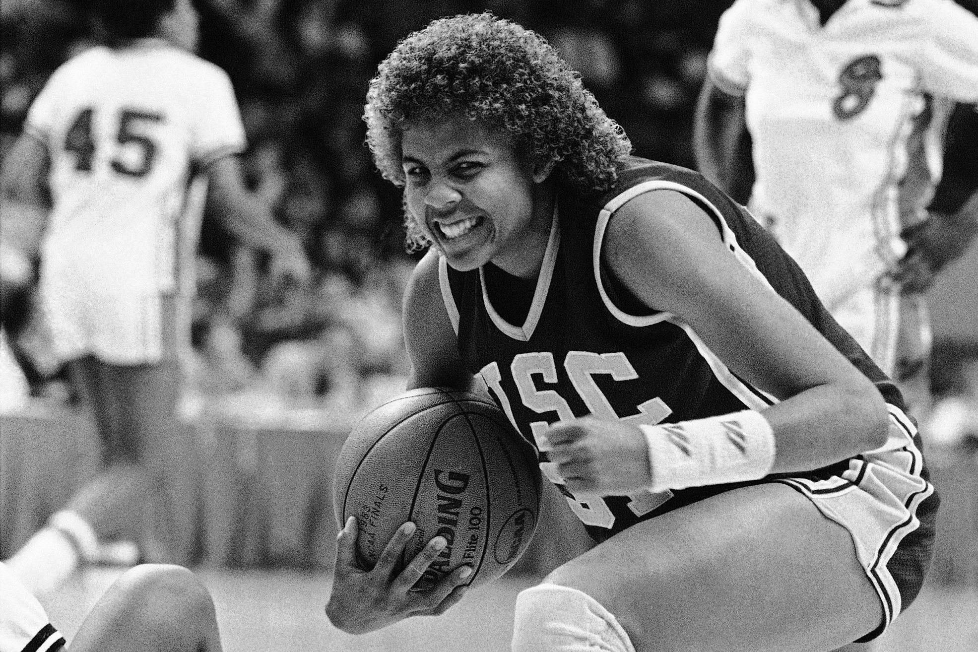FILE - Southern California's Cheryl Miller reacts to a successful steal against the Georgia during the second half in the national semifinals of the NCAA women's college basketball tournament, Friday, April 2, 1983 in Norfolk, Va. 