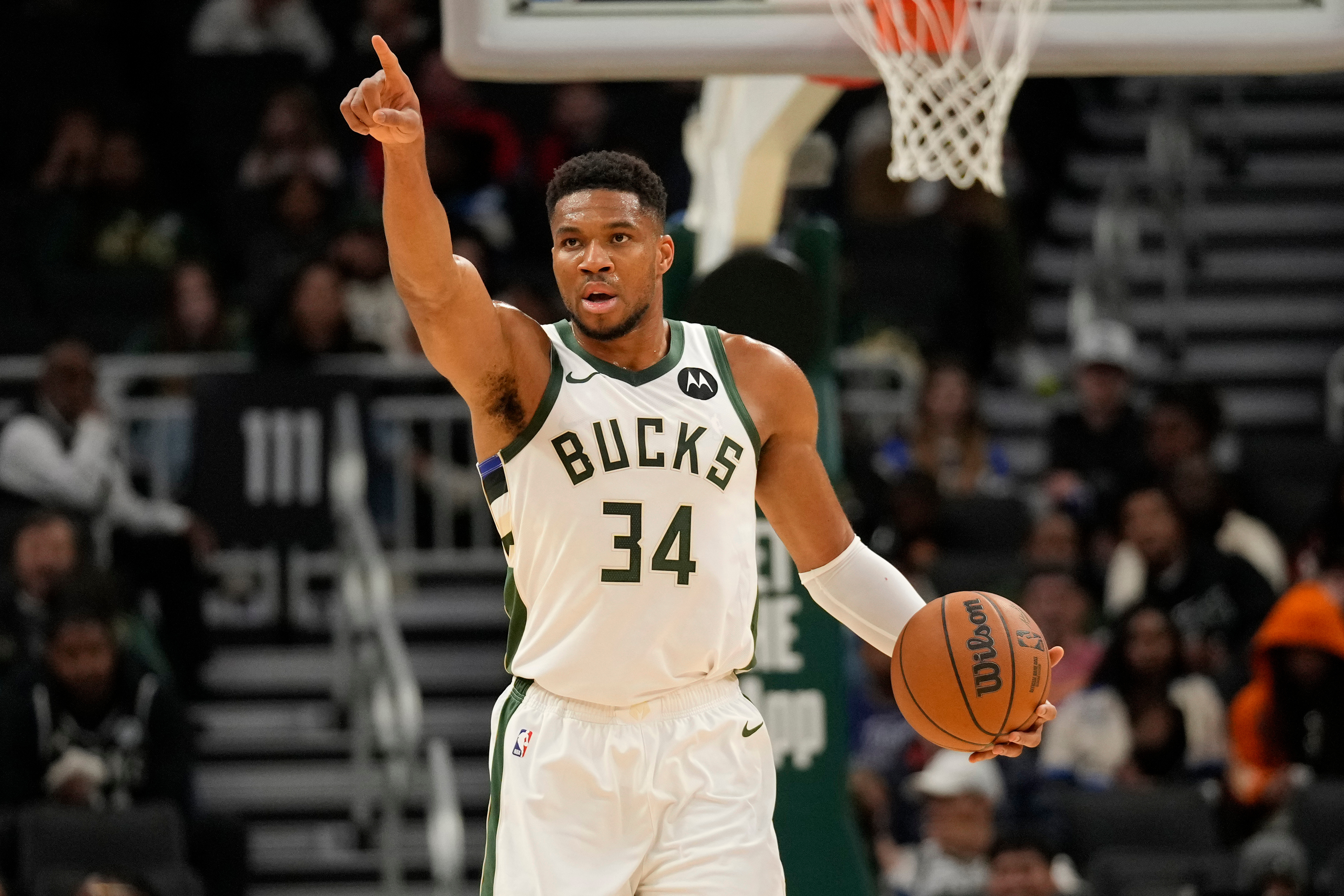 Milwaukee Bucks forward Giannis Antetokounmpo calls a play during the first half of a preseason NBA basketball game against the Oklahoma City Thunder on Tuesday, Oct. 14, 2025, in Milwaukee. 