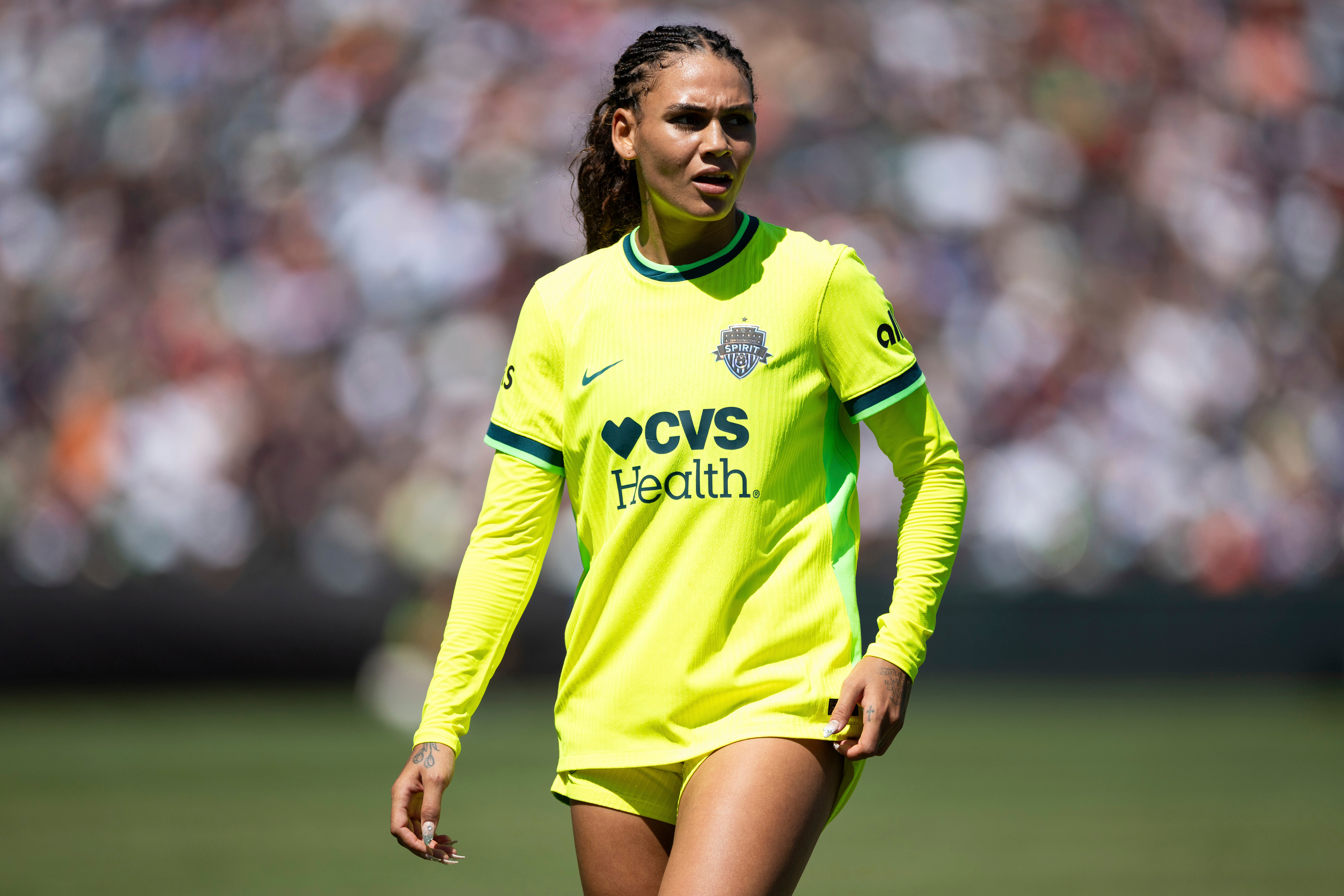 FILE - Washington Spirit's forward Trinity Rodman stands during the second half of a NWSL soccer match against Bay FC on Aug. 23, 2025, in San Francisco. 
