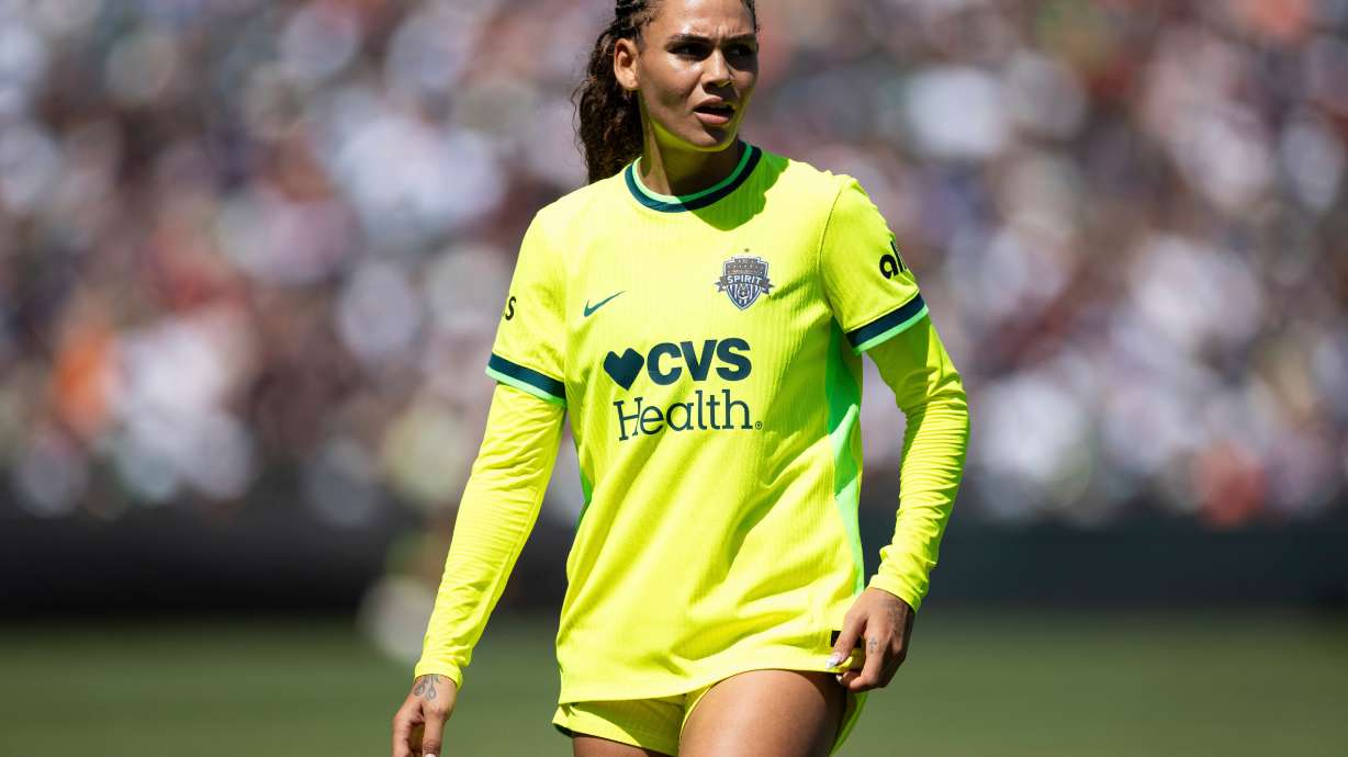 FILE - Washington Spirit's forward Trinity Rodman stands during the second half of a NWSL soccer match against Bay FC on Aug. 23, 2025, in San Francisco.