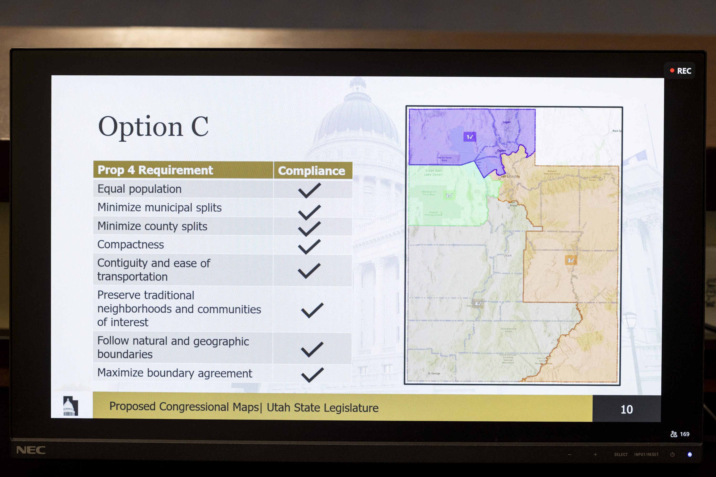 One of several congressional district map options is displayed at the Capitol in Salt Lake City on Sept. 24. Plaintiffs in favor of Proposition 4 are now asking a judge to block a Republican-led effort to repeal the redistricting law.