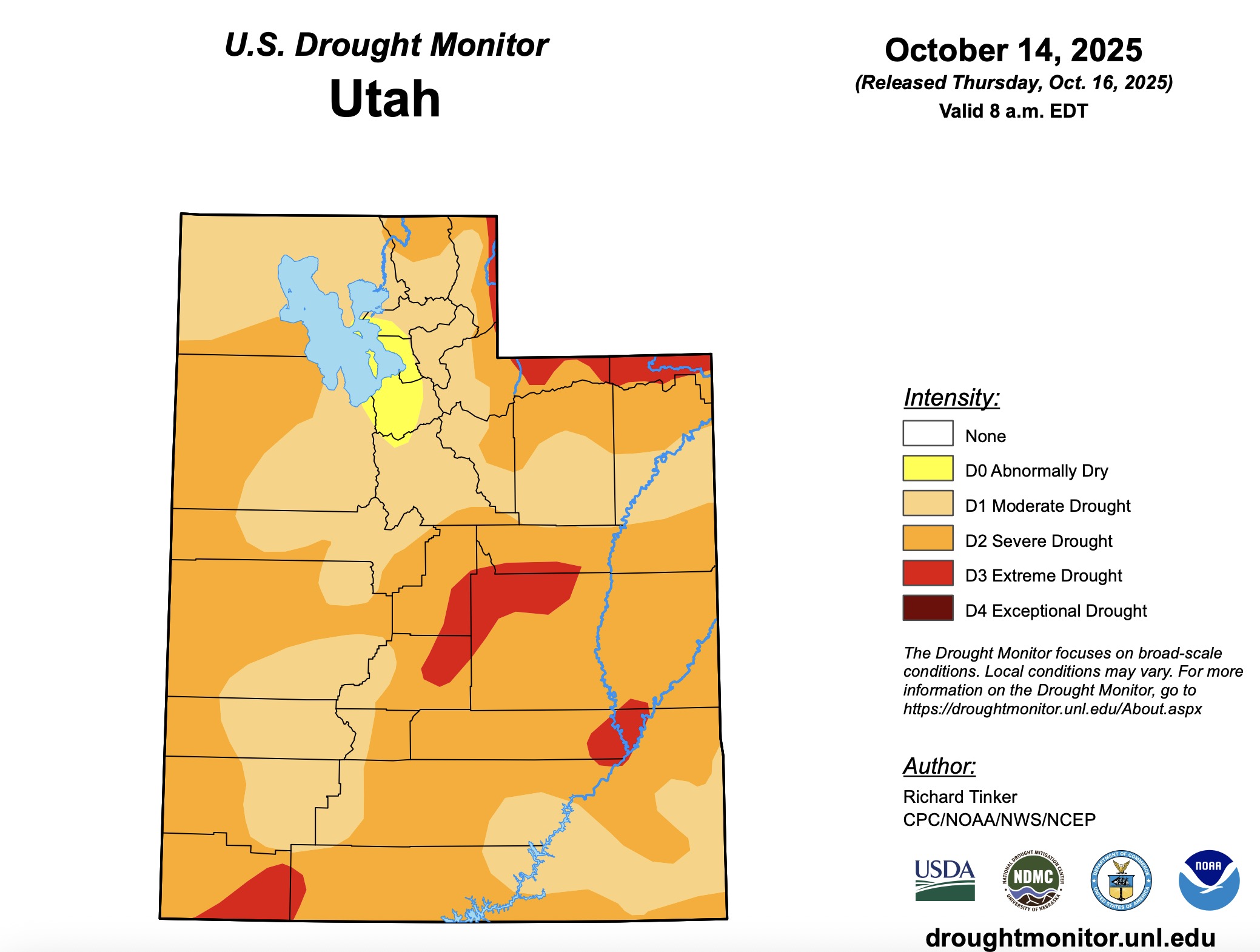 A map of Utah's drought situation as of Thursday. A section of the Wasatch Front is now listed as "abnormally dry," marking the first time since July 3 that a piece of the state wasn't in at least moderate drought.