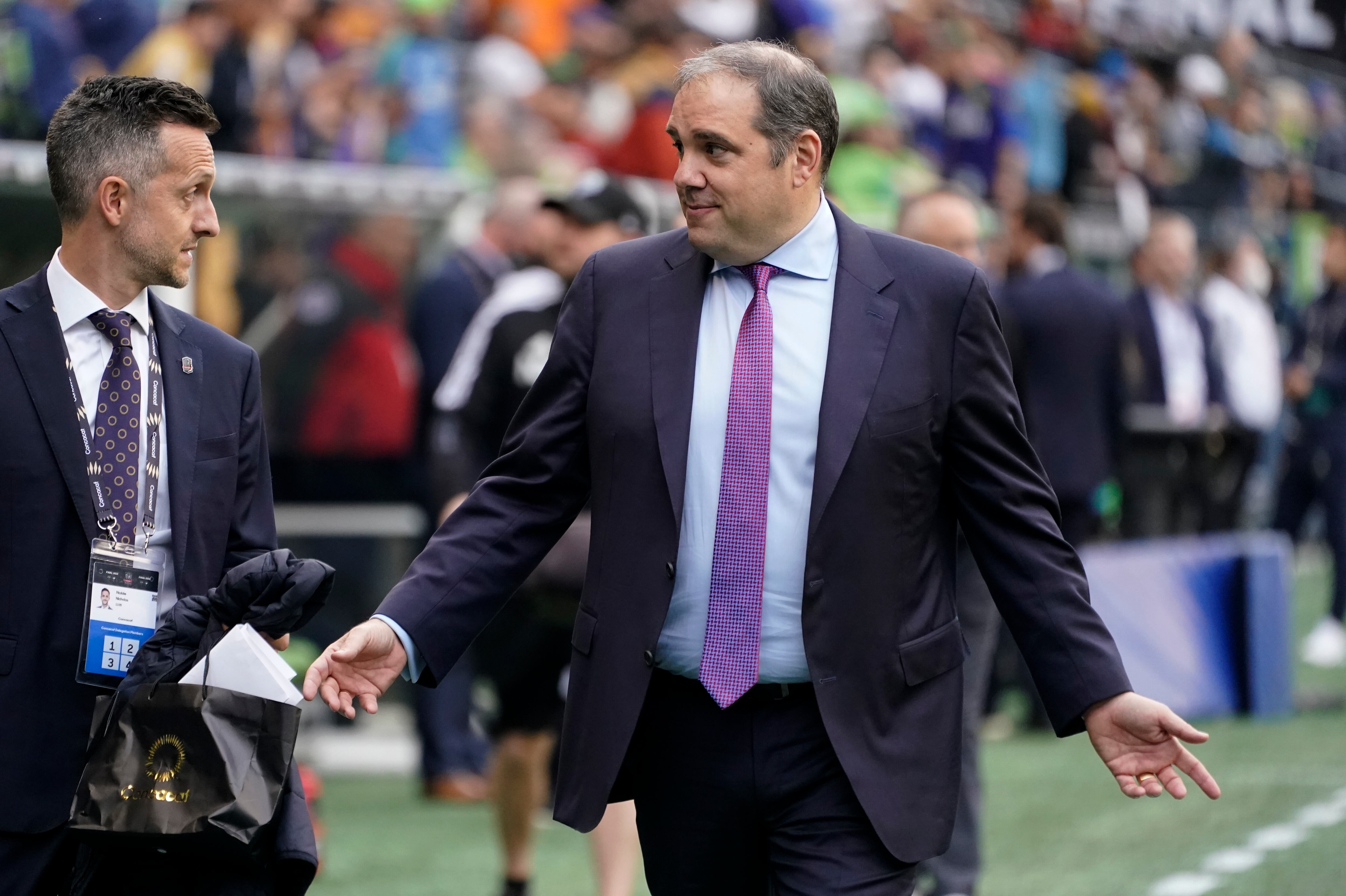 CONCACAF President Victor Montagliani reacts before the second leg of the CONCACAF Champions League soccer final between Mexico's Pumas and the United States' Seattle Sounders, May 4, 2022, in Seattle.