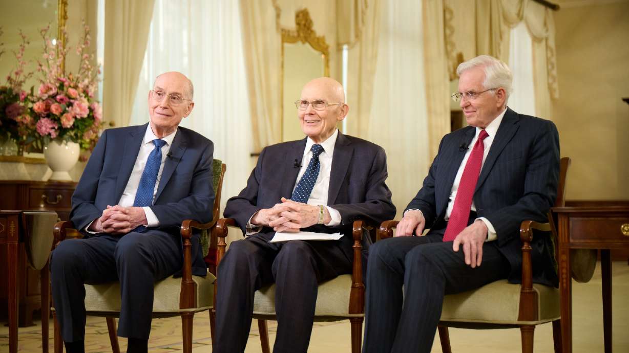 Members of the new First Presidency of The Church of Jesus Christ of Latter-day Saints on Wednesday. President Dallin H. Oaks and his counselors gave their first public interview since their setting apart on Tuesday.
