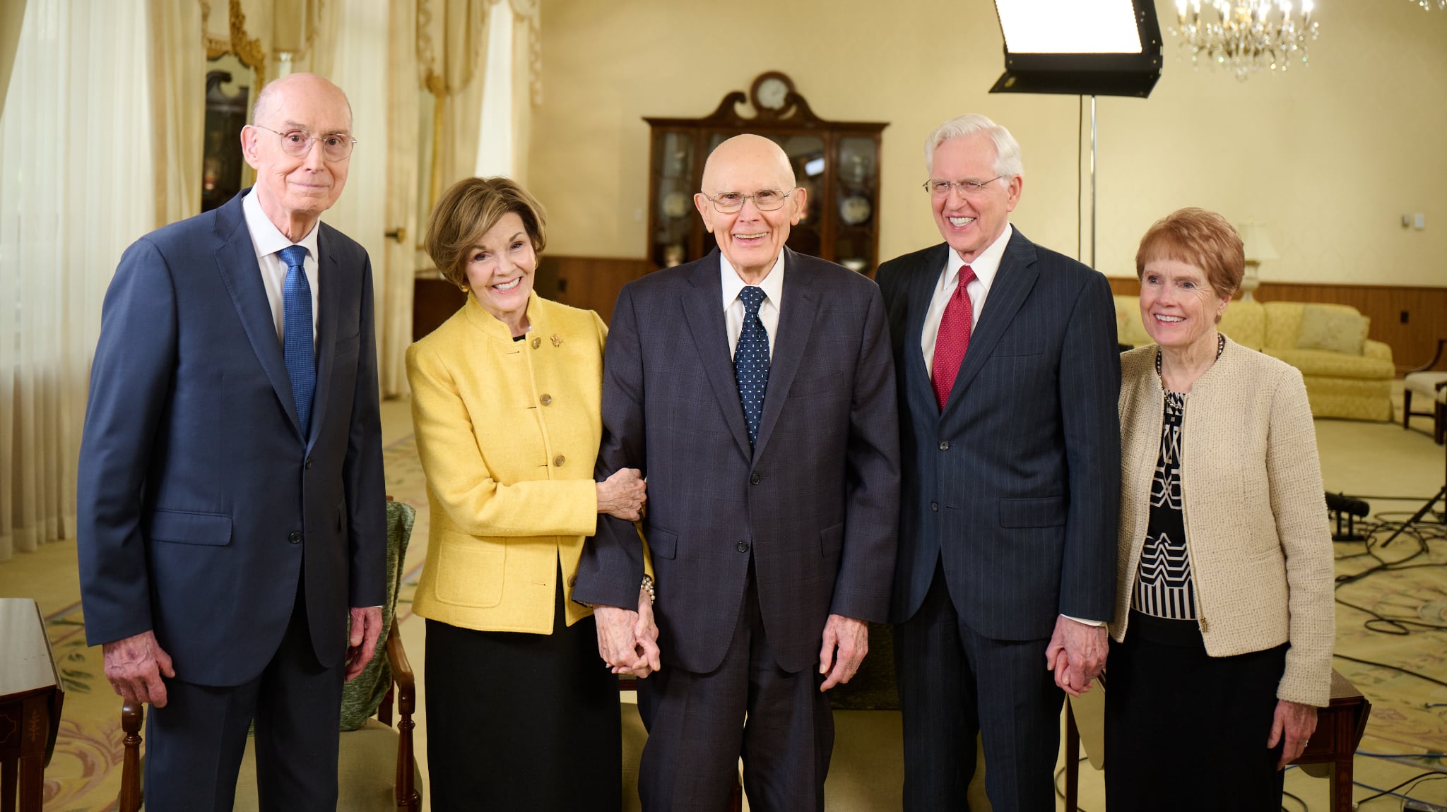The new First Presidency of The Church of Jesus Christ of Latter-day Saints, joined by Sisters Kristen M. Oaks and Kathy Christofferson, in the Relief Society Building in Salt Lake City, on Wednesday. The First Presidency sat down for a wide-ranging interview with award-winning journalist Jane Clayson Johnson.