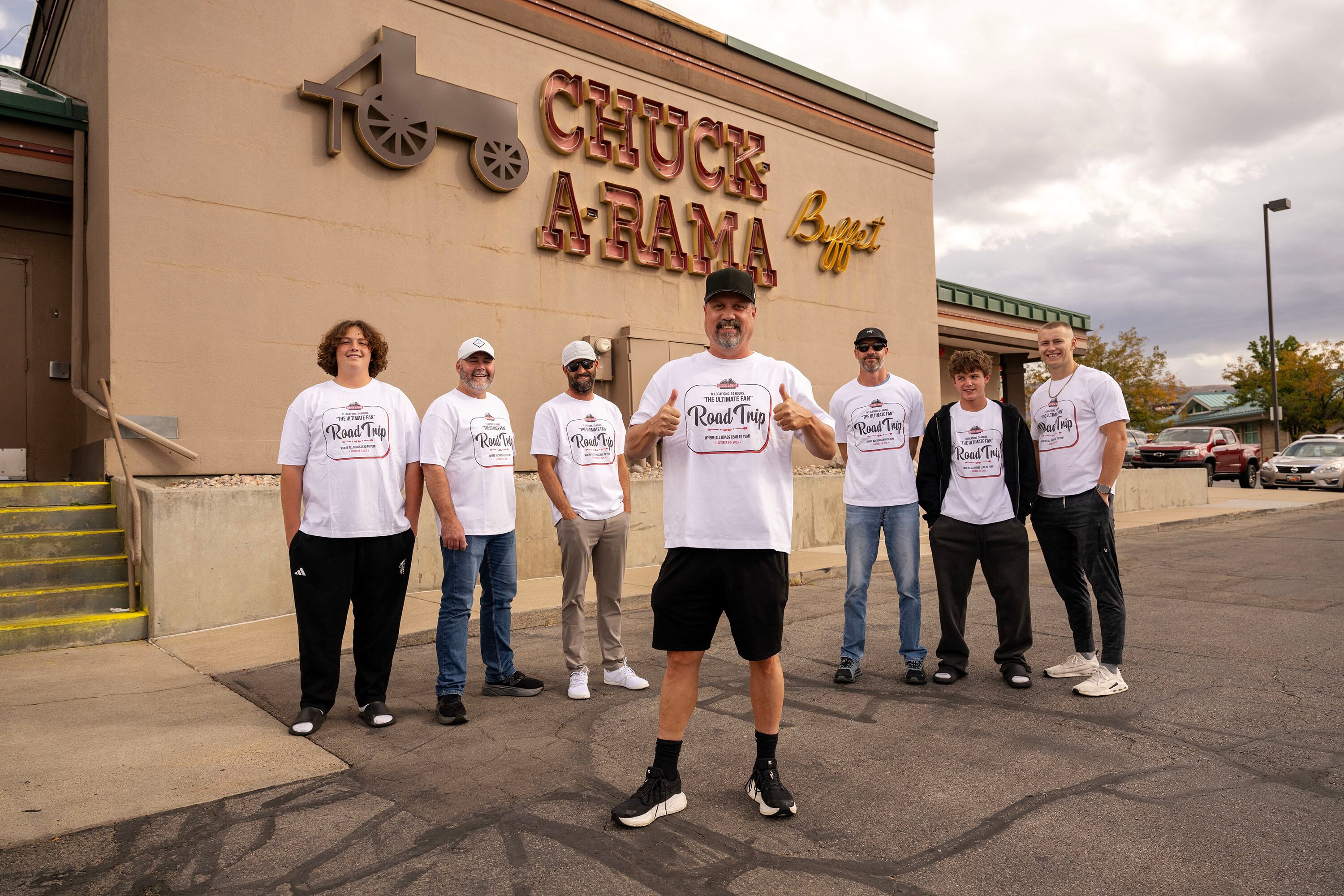 Utah resident Adam Boswell, who loves Chuck-A-Rama more than any other restaurant, poses with a group of friends and family, Case Campbell, Cormick Campbell, Nate Boswell, Preston Boswell, Crue Boswell and Oakley Lawrence as he embarks on a multi-state, multi-day and multi-Chuck-A-Rama marathon on Oct. 3.