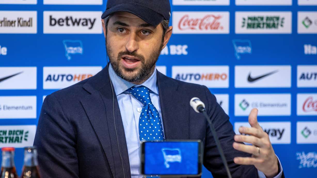 FILE - Josh Wander, CEO of the 777 Partners Group, speaks at a press conference on the entry as new investor for Bundesliga soccer club Hertha BSC in Berlin, Germany, March 13, 2023.