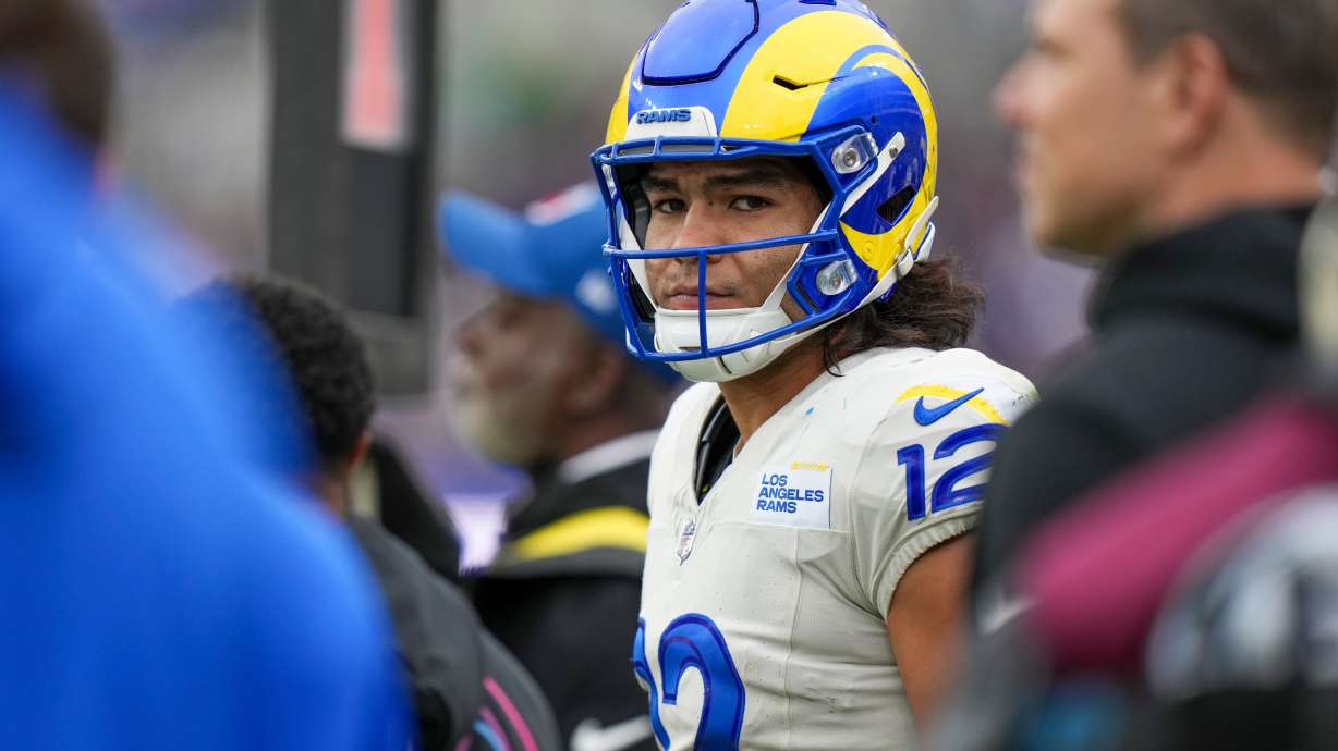 Los Angeles Rams wide receiver Puka Nacua looks on from the sideline during the second half of an NFL football game against the Baltimore Ravens Sunday, Oct. 12, 2025, in Baltimore.