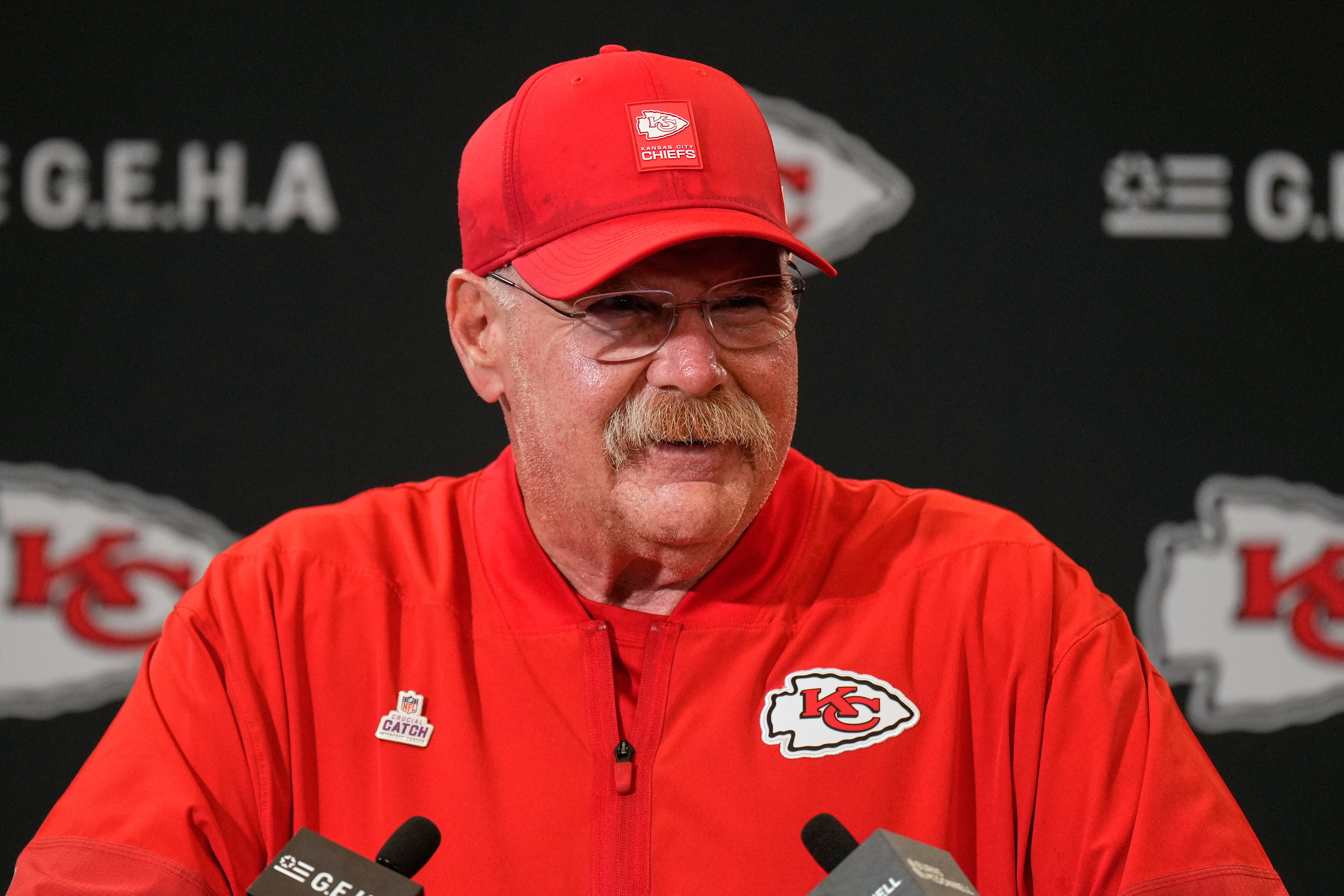 Kansas City Chiefs head coach Andy Reid smiles during a news conference following an NFL football game against the Detroit Lions Sunday, Oct. 12, 2025, in Kansas City, Mo. 