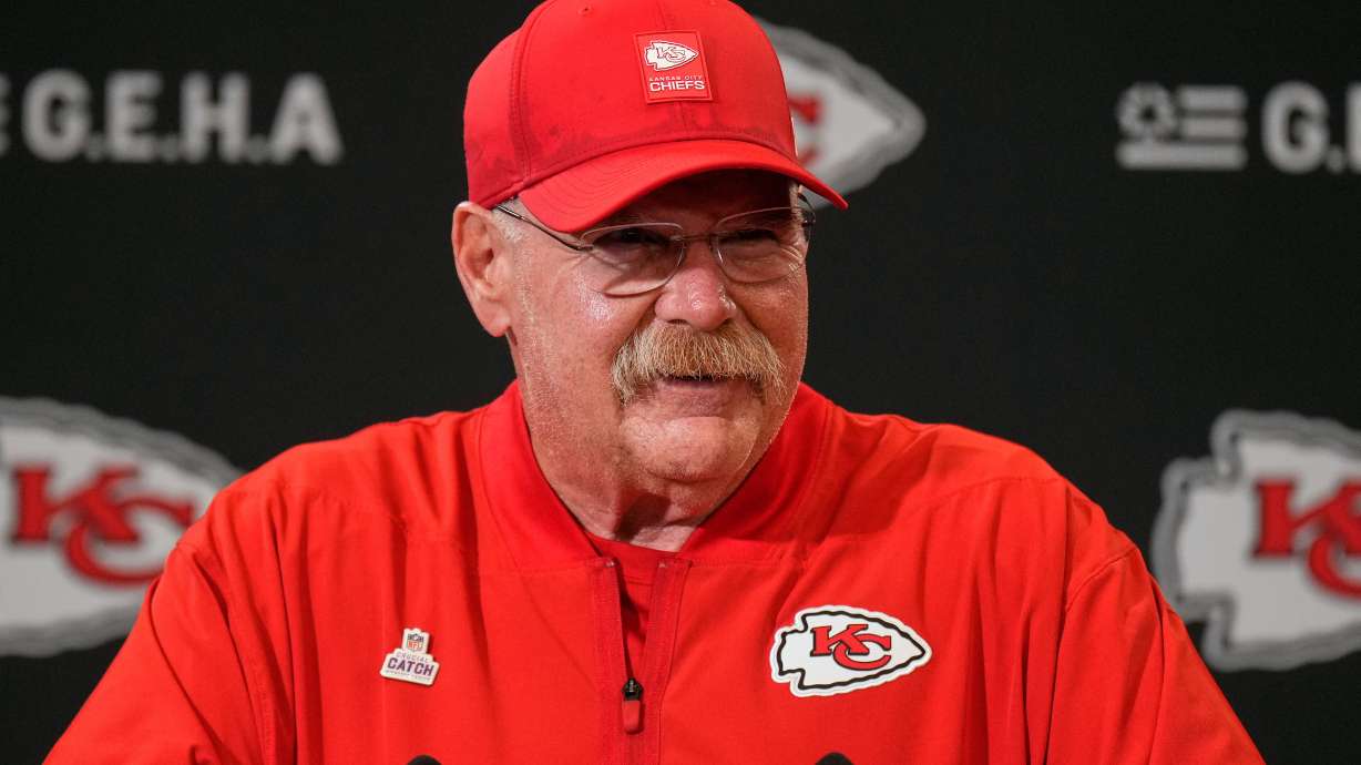 Kansas City Chiefs head coach Andy Reid smiles during a news conference following an NFL football game against the Detroit Lions Sunday, Oct. 12, 2025, in Kansas City, Mo.