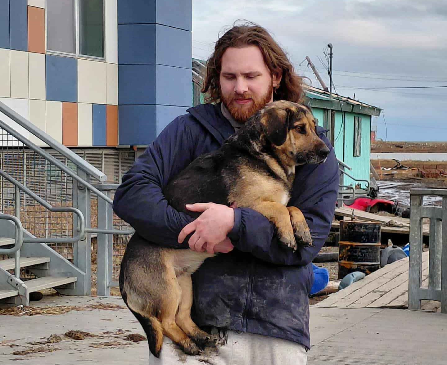 A dog is rescued in Kipnuk, Alaska, Wednesday, as its owner had evacuated. Gov. Mike Dunleavy said on Friday in a major disaster declaration some areas hit by flooding last weekend will be uninhabitable for at least 18 months.