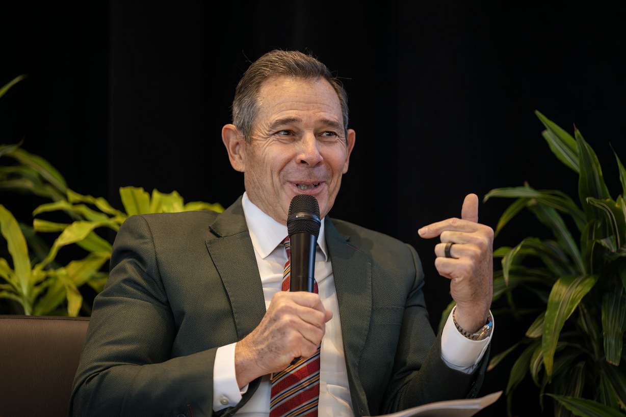Sen. John Curtis, R-Utah, talks at the fourth annual Conservative Climate Summit at the University of Utah in Salt Lake City on Oct. 17, 2025.