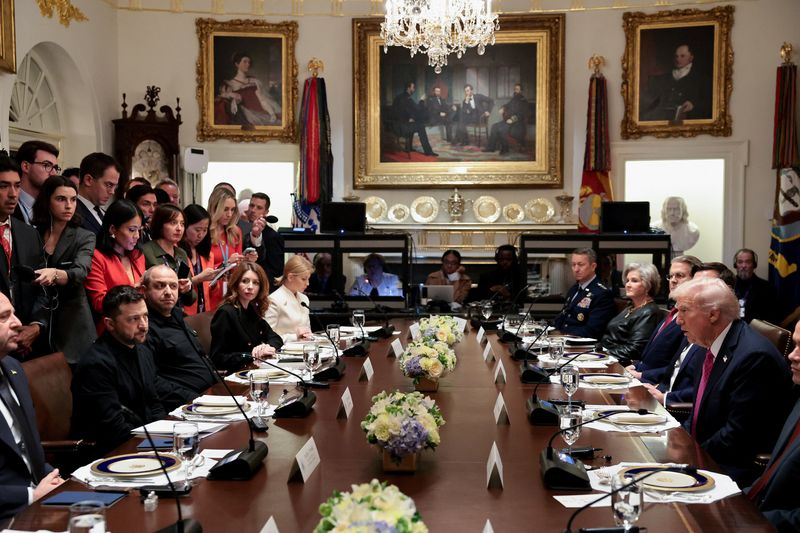 President Donald Trump with Ukrainian President Volodymyr Zelenskyy at lunch in the White House in Washington, Friday. While Zelenskyy expressed the need for military support, Trump said he doesn't want to give away things the U.S. needs to protect themselves.