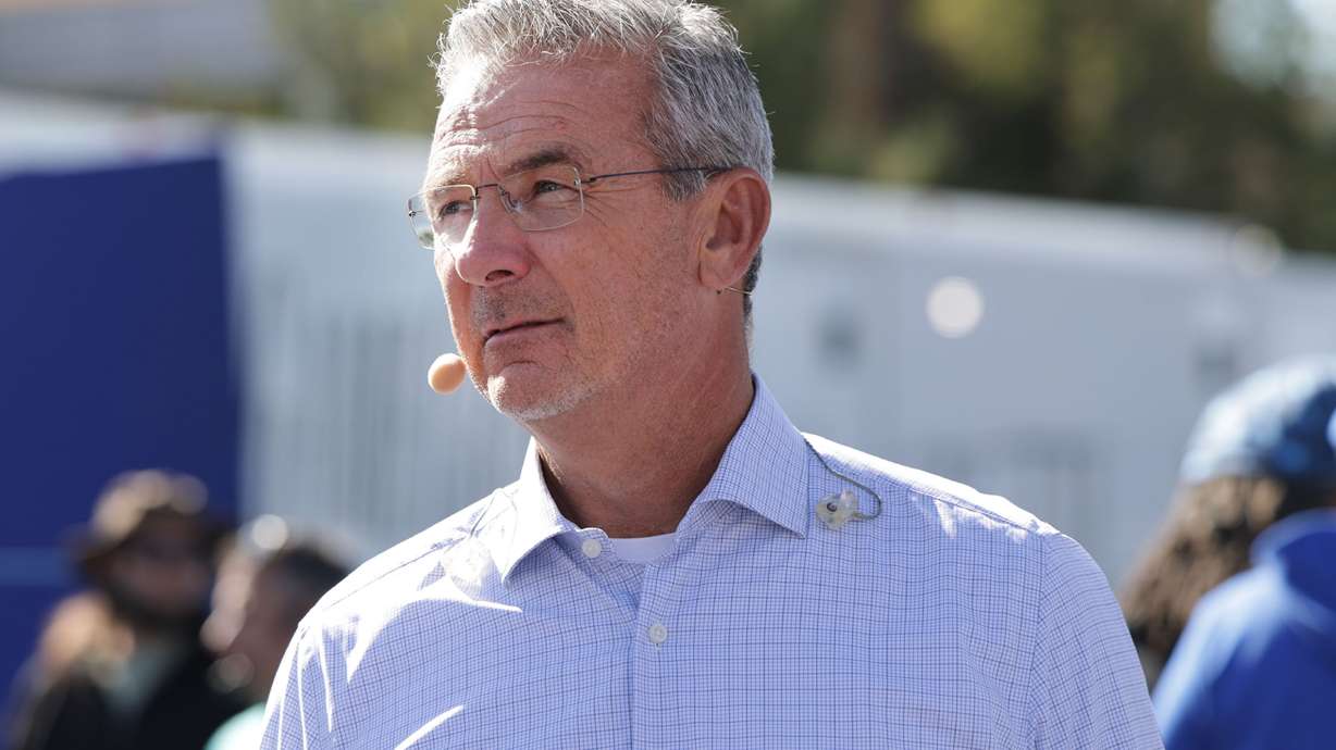 Former University of Utah coach and current FOX Sports analyst Urban Meyer speaks with the media after a dress rehearsal for "Big Noon Kickoff," Friday, Oct. 17, 2025 at LaVell Edwards Stadium in Provo, Utah.