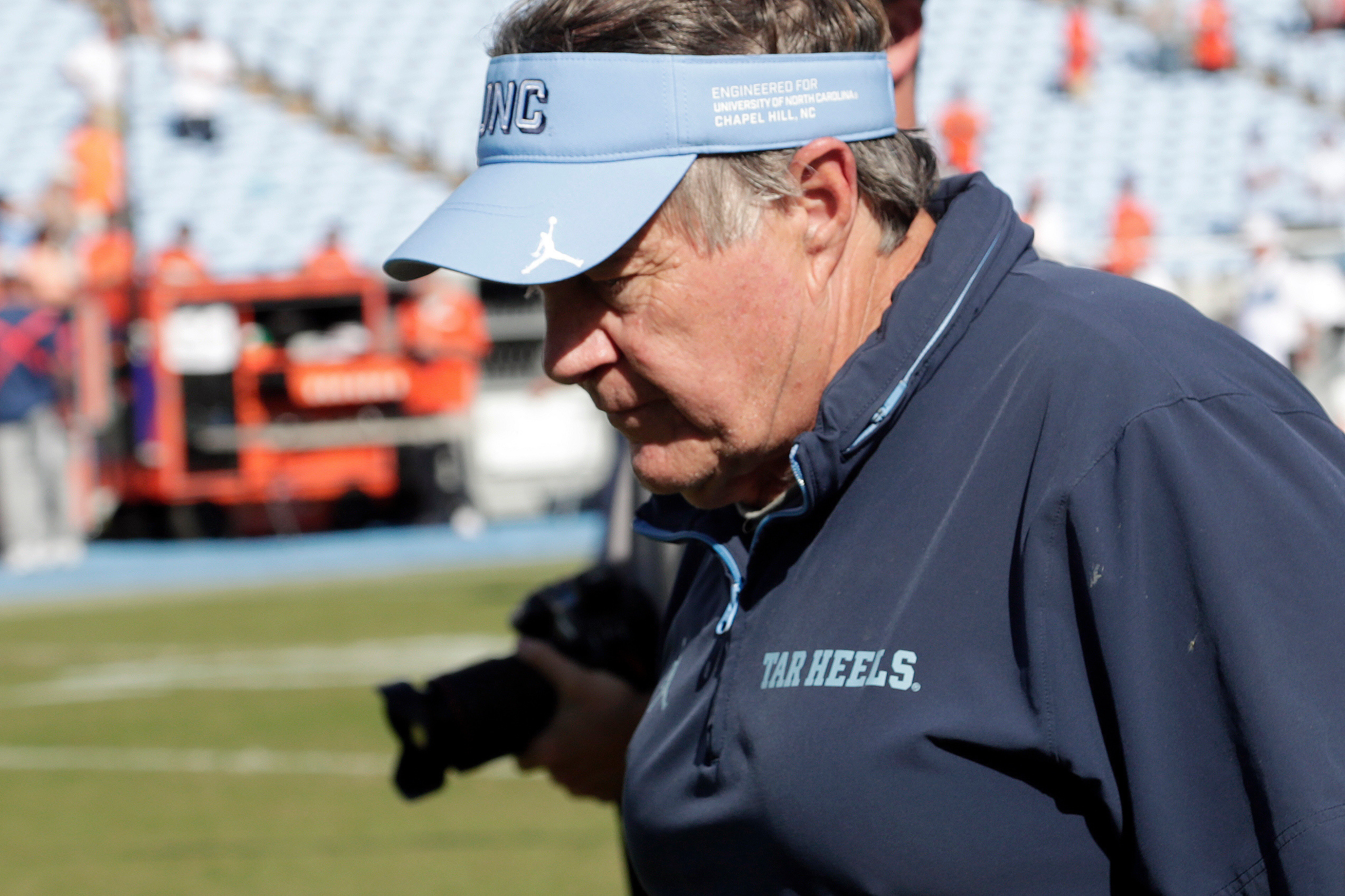 North Carolina head coach Bill Belichick walks off the field after losing to Clemson in an NCAA college football game, Saturday, Oct. 4, 2025, in Chapel Hill, N.C.
