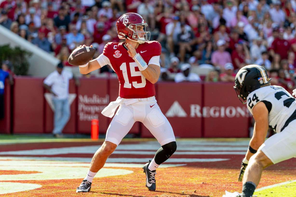 Alabama quarterback Ty Simpson (15) drops back to pass against Vanderbilt during the first half of an NCAA college football game, Saturday, Oct. 4, 2025, in Tuscaloosa, Ala.