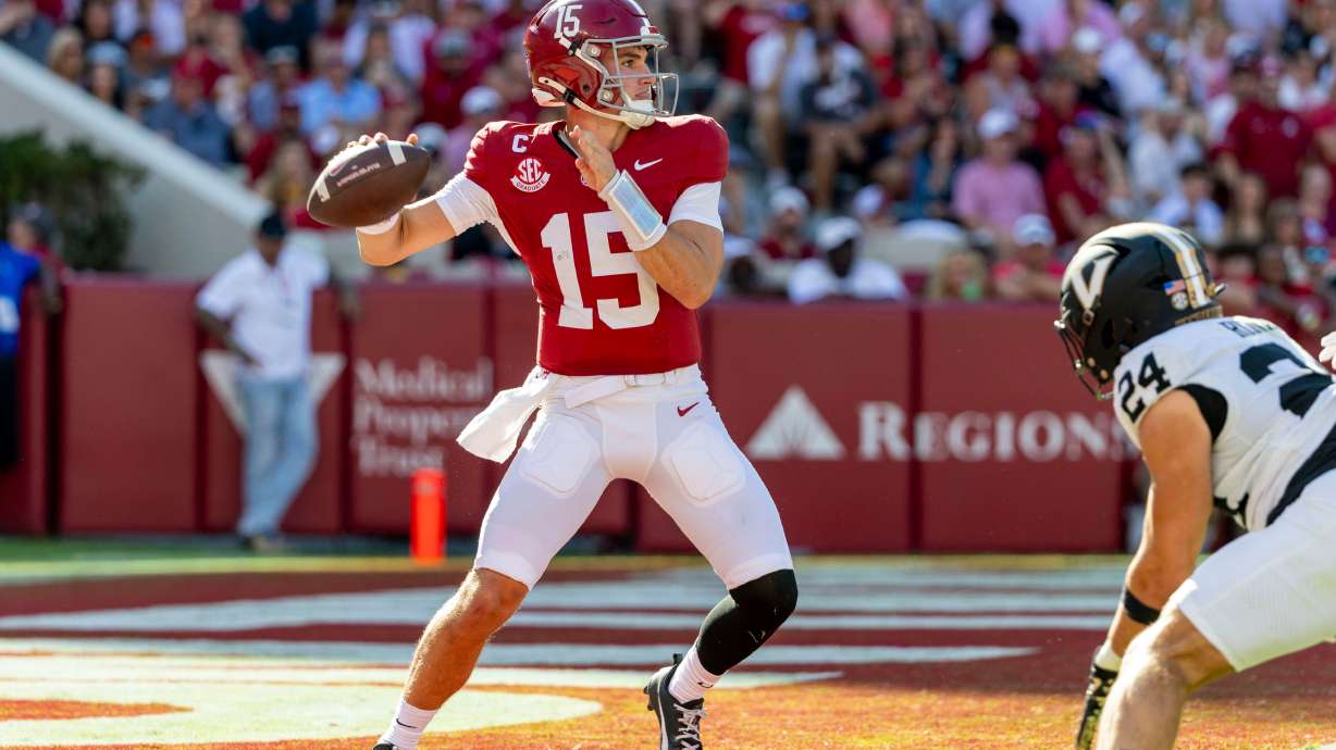 Alabama quarterback Ty Simpson (15) drops back to pass against Vanderbilt during the first half of an NCAA college football game, Saturday, Oct. 4, 2025, in Tuscaloosa, Ala.