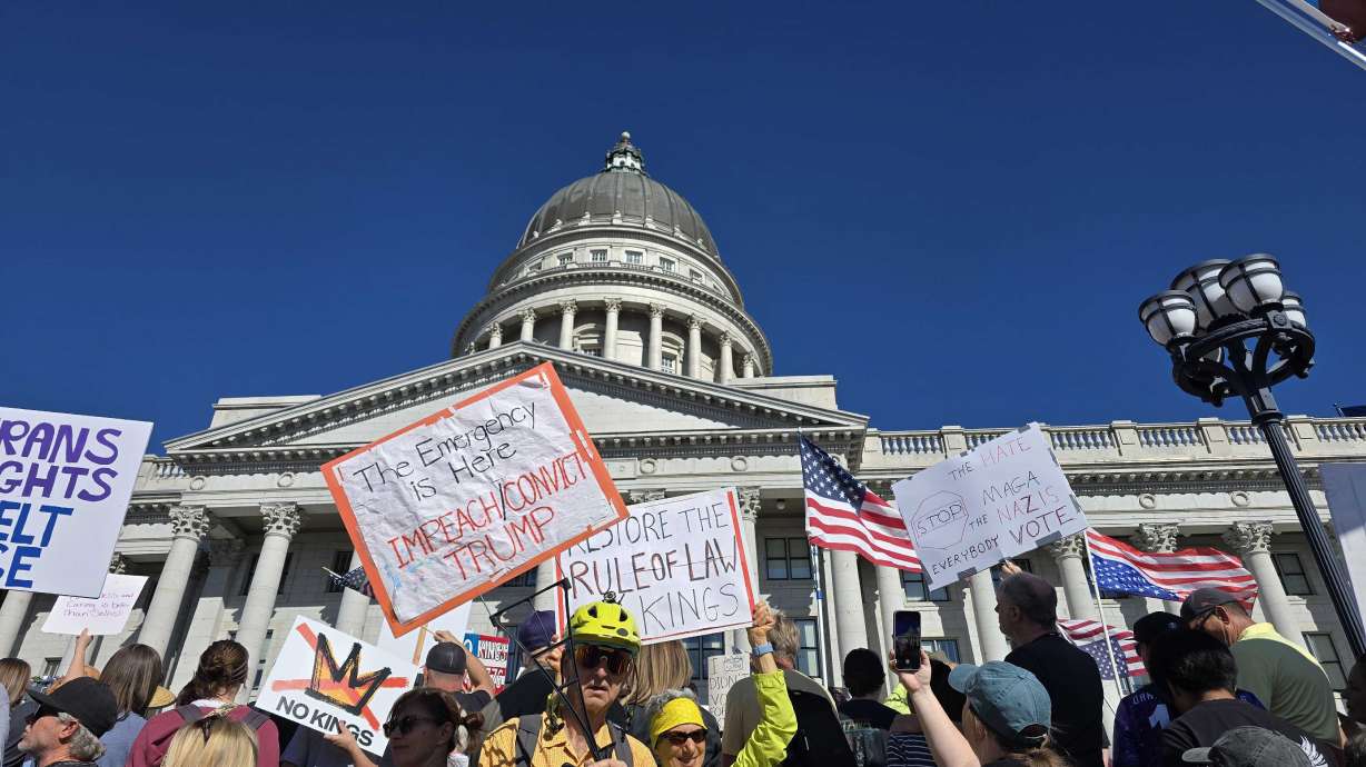 Protesters participate in a No Kings rally at the Capitol in Salt Lake City on Oct. 18, 2025. A third No Kings rally is planned for Saturday.