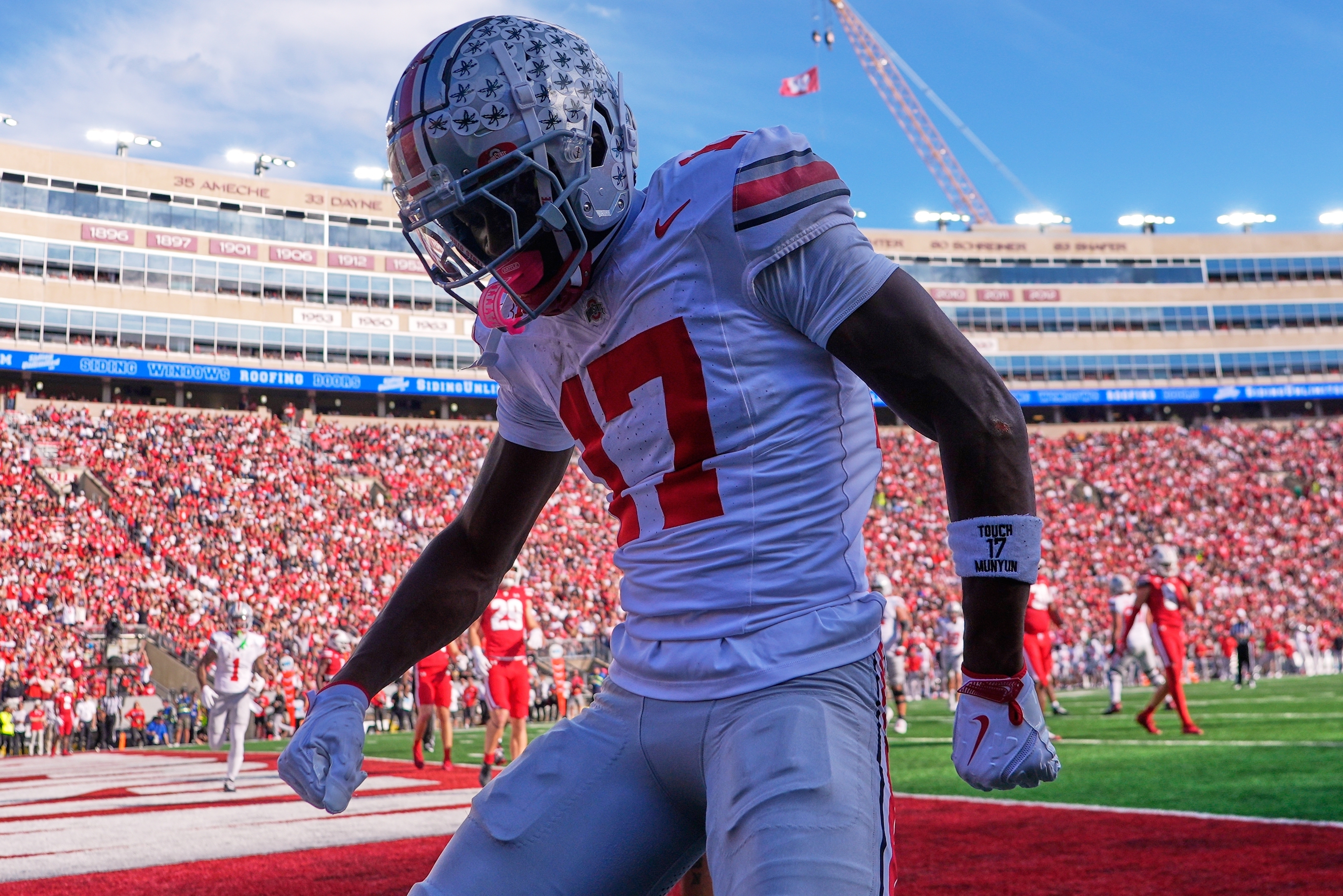 Ohio State's Carnell Tate celebrates his touchdown catch during the first half of an NCAA college football game against the Wisconsin Saturday, Oct. 18, 2025, in Madison, Wis. 