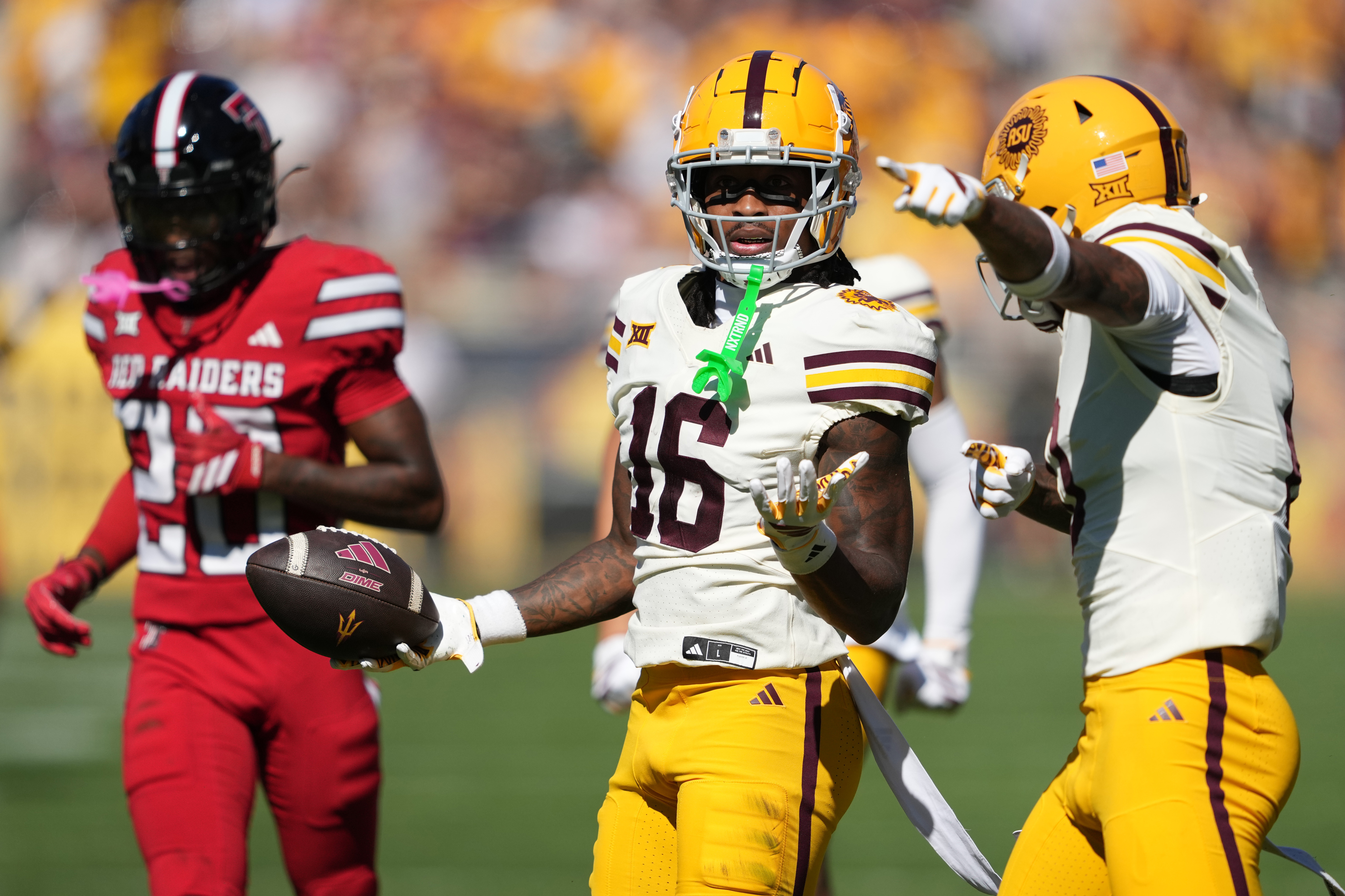 Arizona State wide receiver Jaren Hamilton (16) reacts after making a catch against Texas Tech in the first half of an NCAA college football game, Saturday, Oct. 18, 2025, in Tempe, Ariz. 