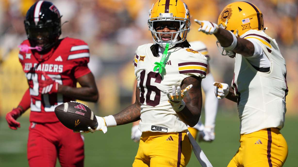 Arizona State wide receiver Jaren Hamilton (16) reacts after making a catch against Texas Tech in the first half of an NCAA college football game, Saturday, Oct. 18, 2025, in Tempe, Ariz.