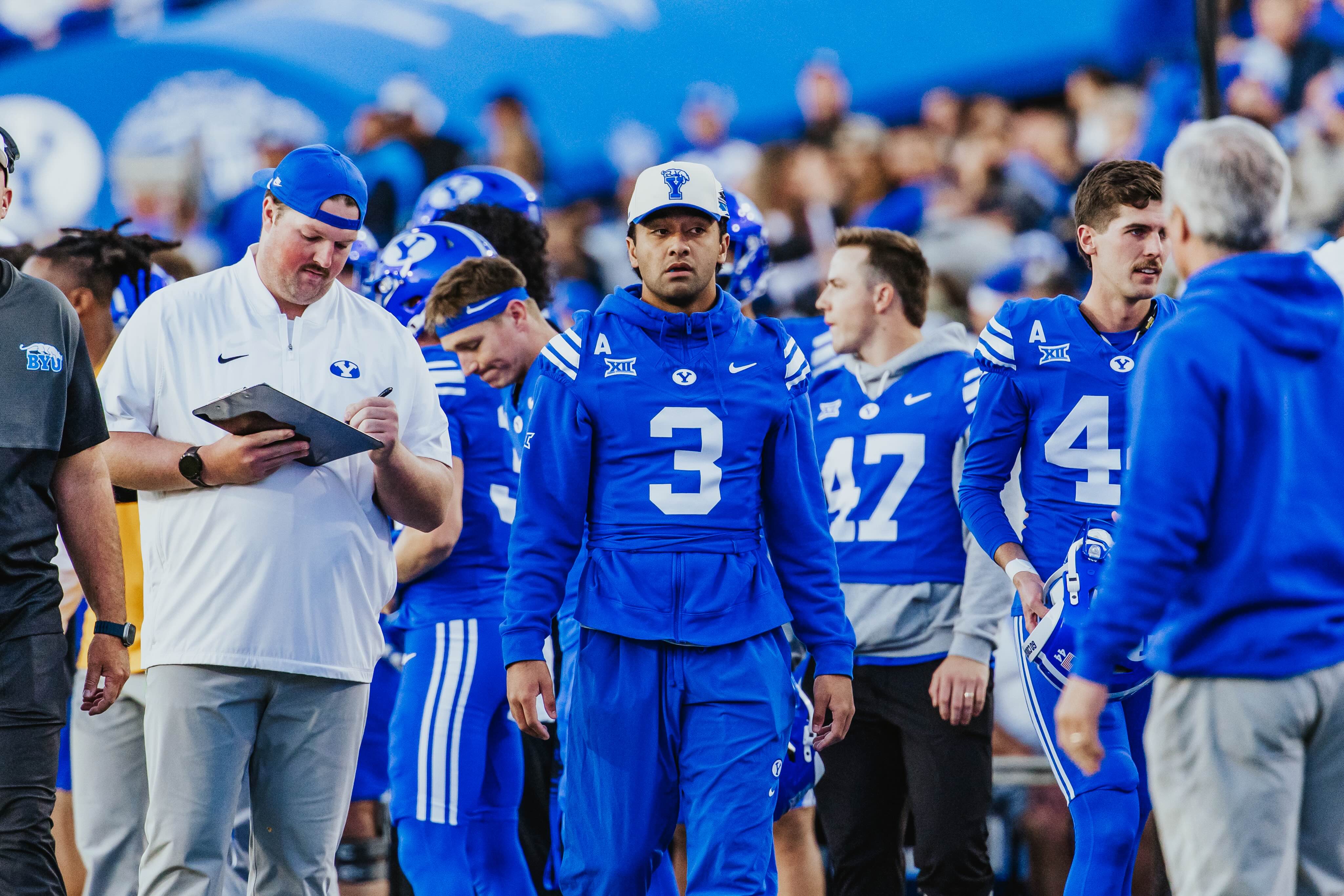 BYU safety Raider Damuni (3) was inactive during a Big 12 football game against Utah, Saturday, Oct. 18, 2025 at LaVell Edwards Stadium.